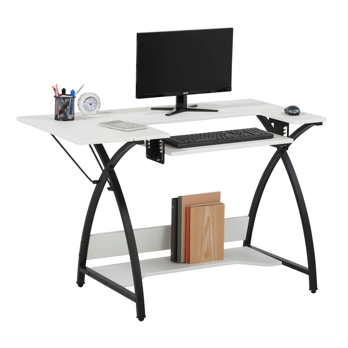 Sewing Online Petite Table de Couture, Plateau Blanc avec Pieds Noirs – Table pour Machine à Coudre avec Plate-Forme réglable, Extension à abattant et étagère de Rangement | Table de