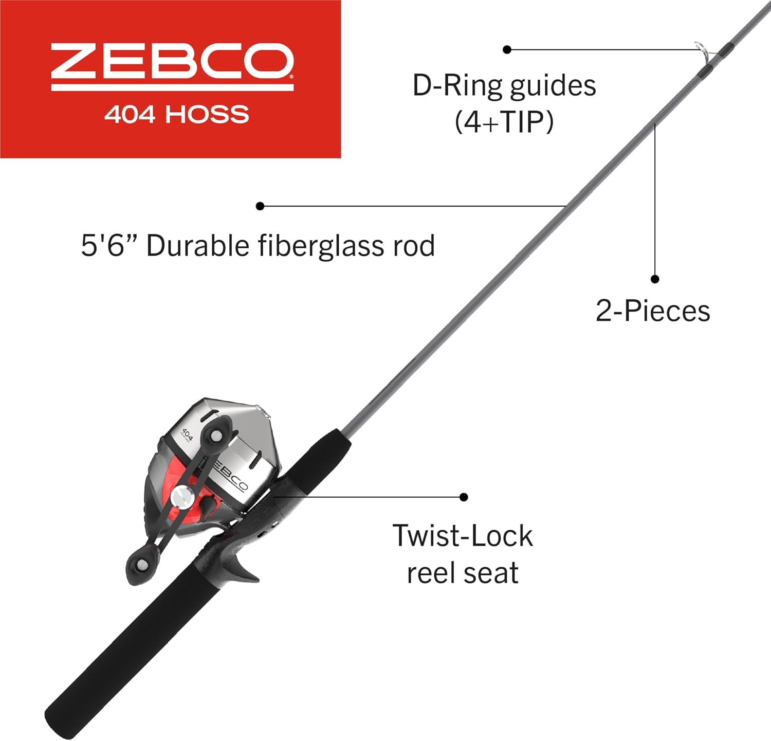Zebco 404 Hoss Spincast Reel and Fishing Rod Combo, 5-Foot 6-Inch 2-Piece Rod, Medium Power, Moderate-Fast Action, Size 40 Reel, Gray/Red