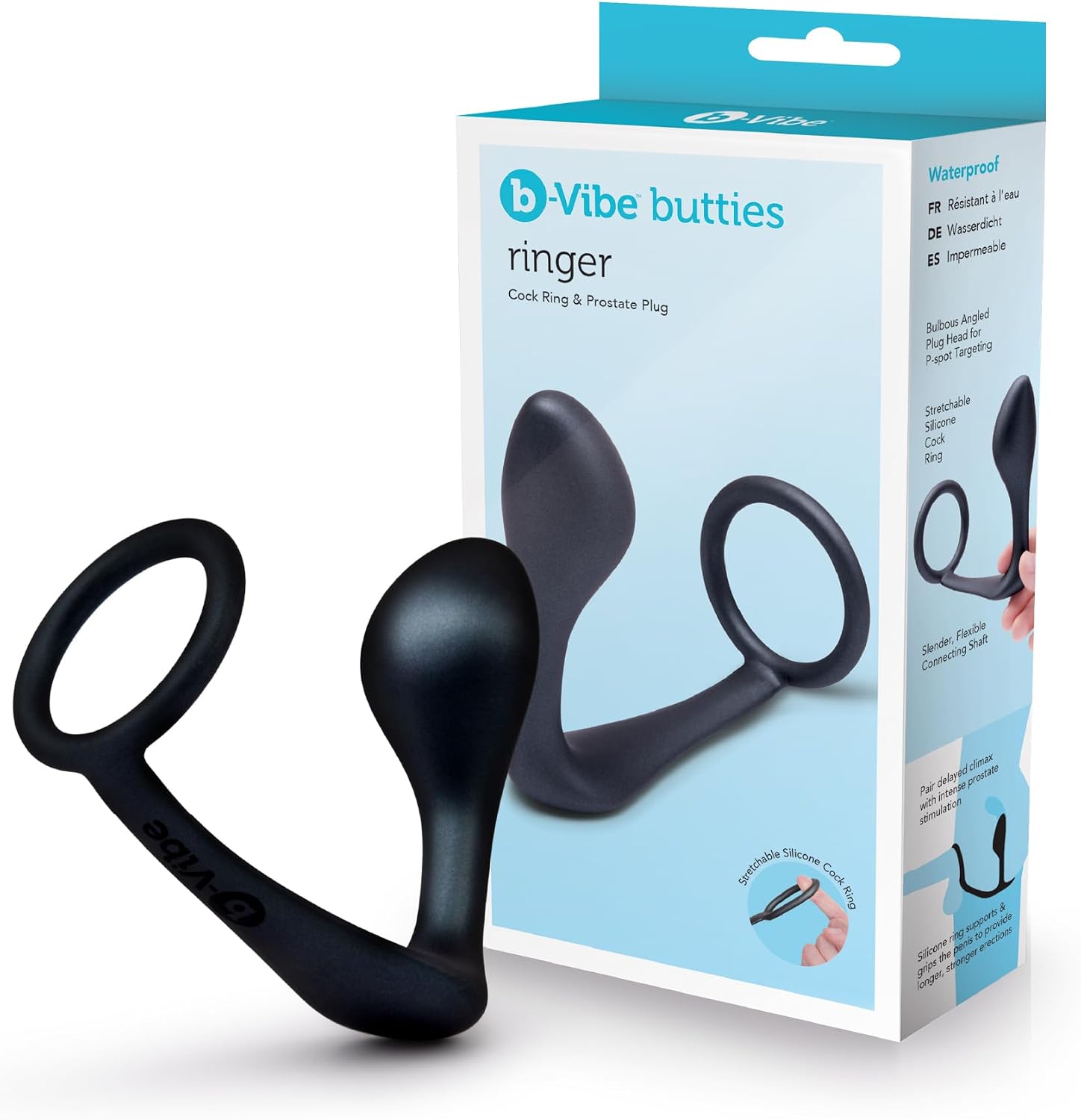 b-Vibe Ringer Sleek Tapered Cock Ring and Butt Plug - Silicone Anal Plug for A-Spot, G-Spot, and P-Spot Stimulation, Anal Toys for Adults (Ringer, Black)