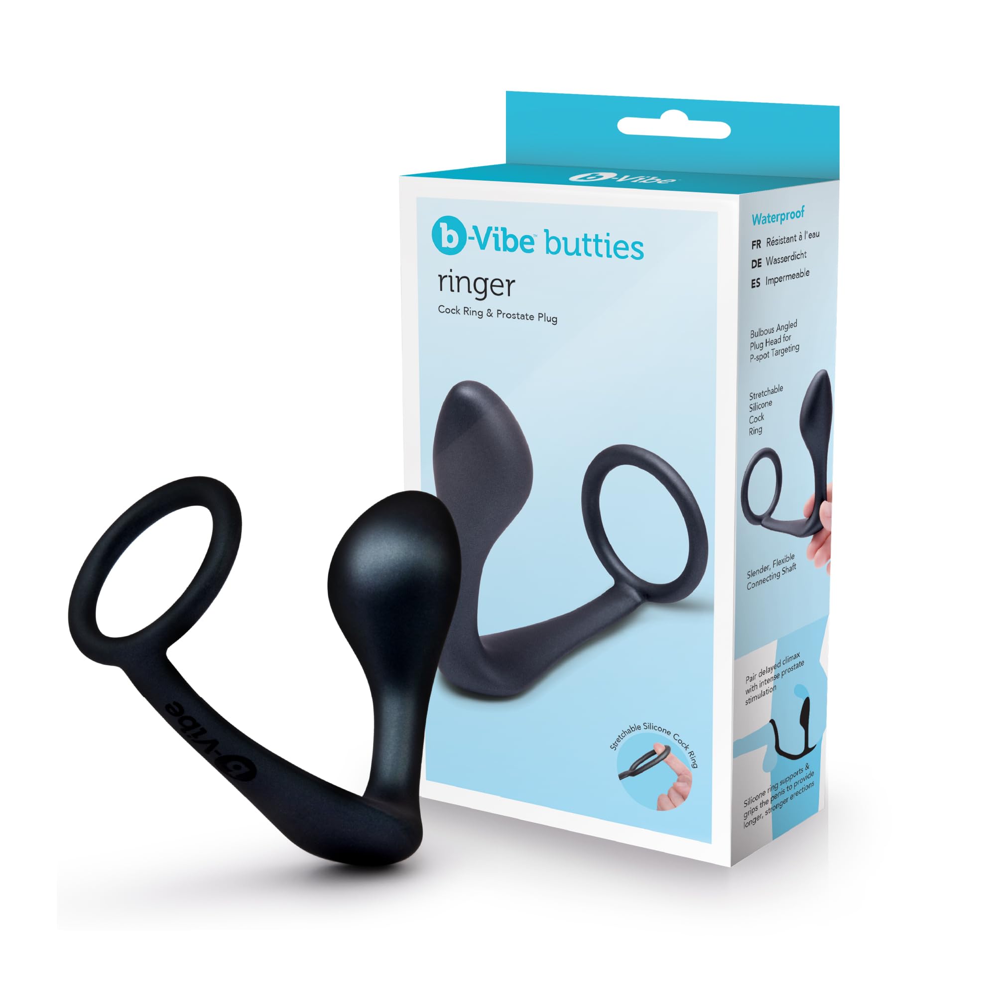 b-Vibe Ringer Cock Ring & Prostate Plug - Flexible Silicone, Waterproof Dual Stimulation Toy for Enhanced Erections and Prostate Pleasure