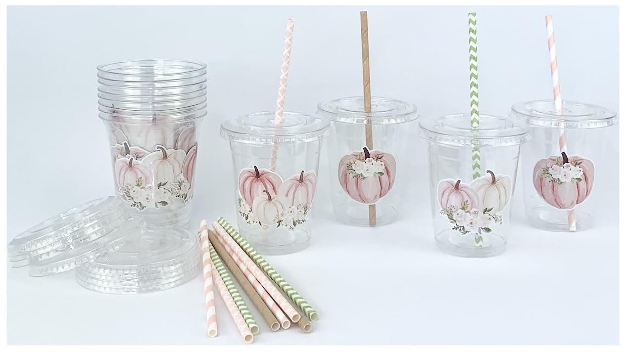 Pink Pumpkin Party Plastic Cups with Lids & Straws, Little Pumpkin Baby Shower, Fall Birthday, Set of 12