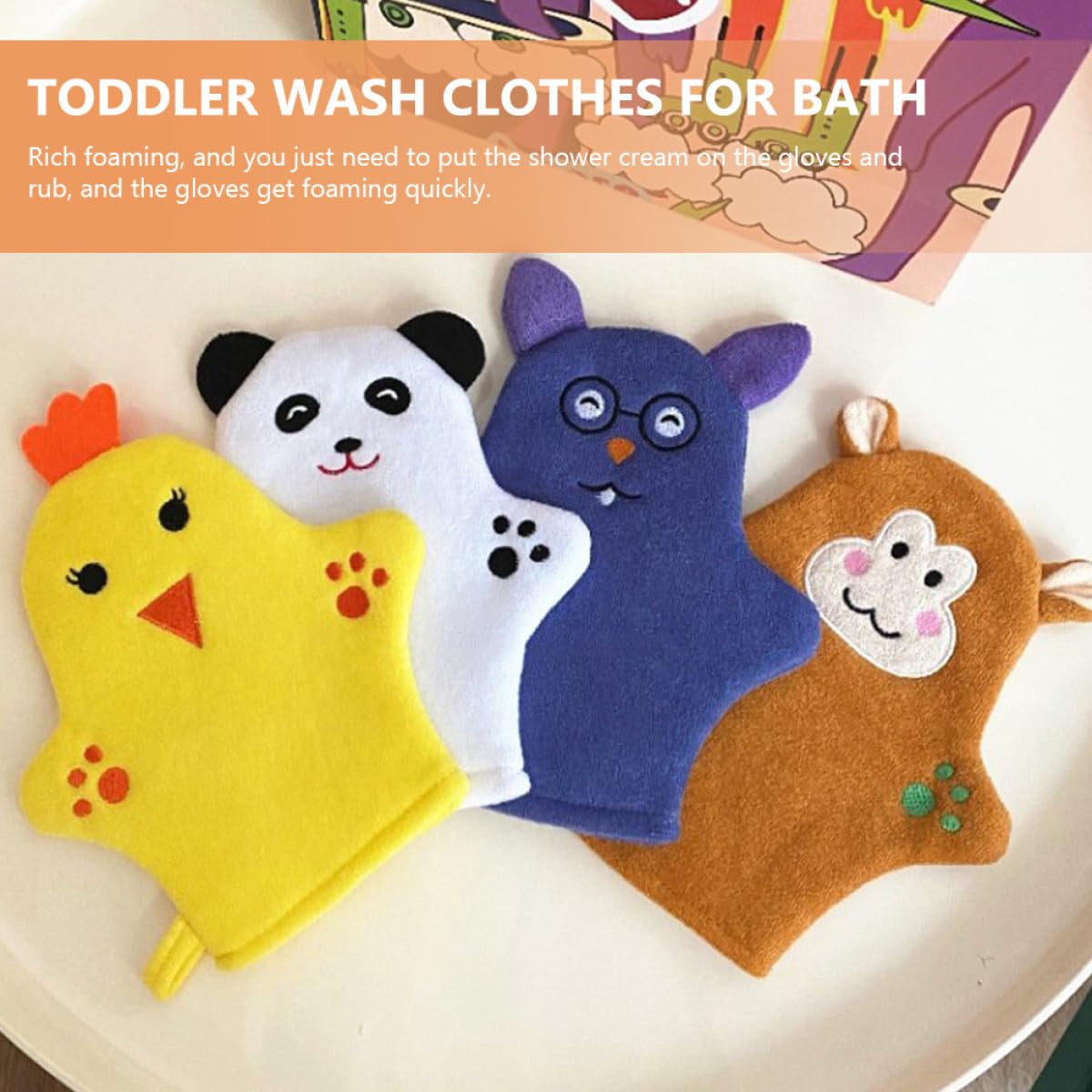 MAGICLULU Guantes de Baño Espumosos para, 4 Piezas Formas de Animales, Manoplas Exfoliantes para Ducha, Cuidado de Piel Infantil