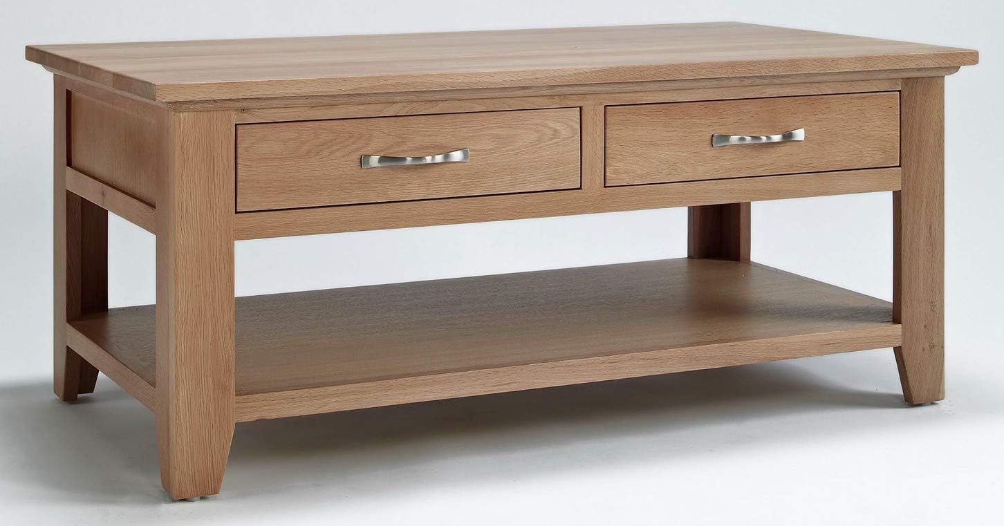 Hallowood Furniture Camberley Oak 4 Drawer Large Coffee Table in Light Oak Finish โ Solid Wooden Coffee Tables with 110 cm Wide Shelf for Living Room โ Rectangular Storage Table for Hallway