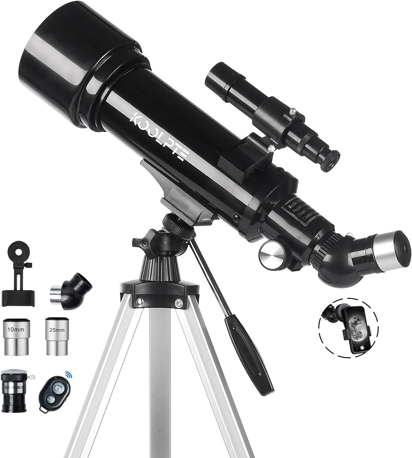 Telescope 70mm Aperture 500mm - for Kids & Adults Astronomical Refracting Telescopes AZ Mount Fully Multi-Coated Optics, with Diagonal Mirror Phone Adapter, Carrying Bag, Wireless Remote Black