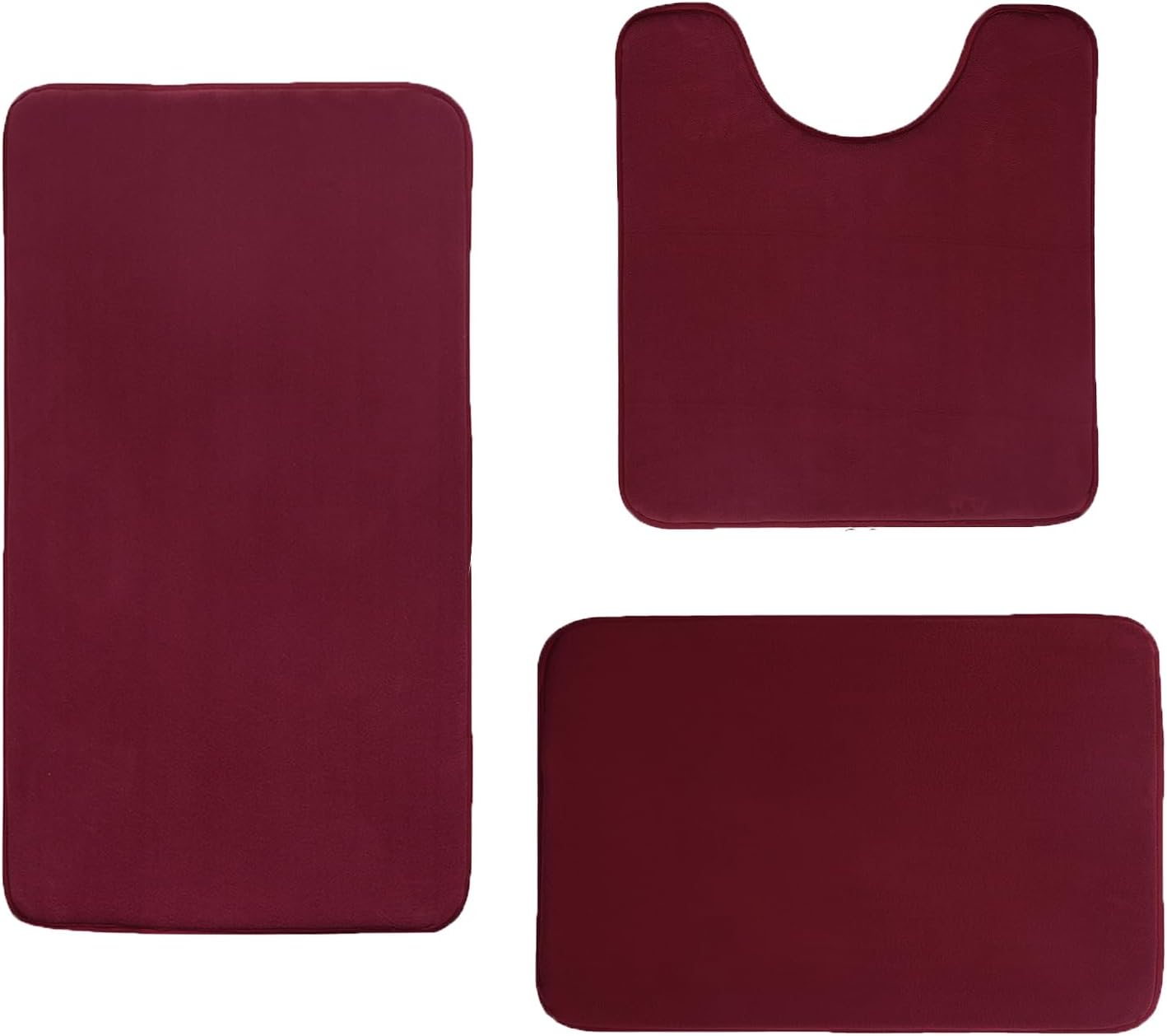 Madeals Memory Foam Bathroom Mat Set 3 Piece Bathroom Contour Rugs Combo, Soft Shaggy 2 Piece Bath Shower Mat and U-Shaped Toilet Floor Rug Burgundy