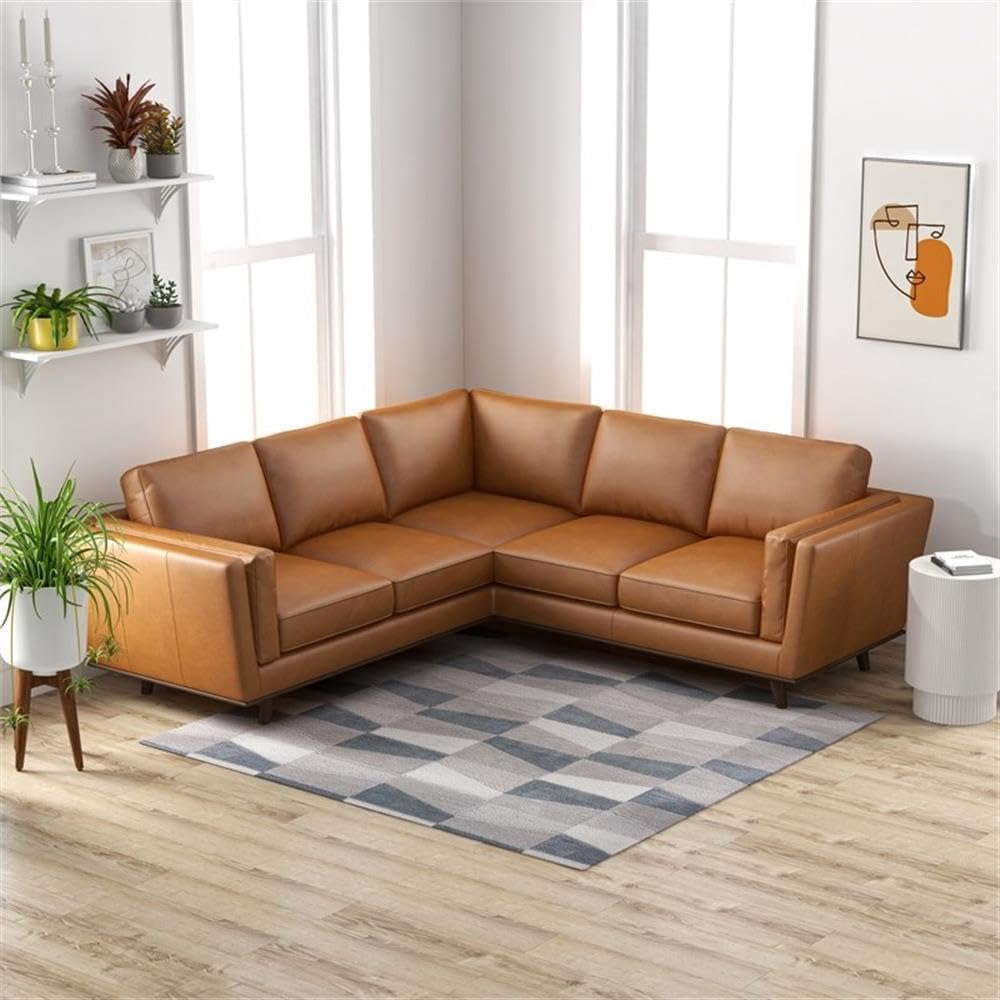 Pemberly Row Genuine Aniline Leather Corner Sectional Sofa, Tan Upholstery, 90" W x 34" H x 35" D, Solid Wood Frame, Walnut Legs, Mid-Century Modern Symmetrical L-Shaped Design for Living Room