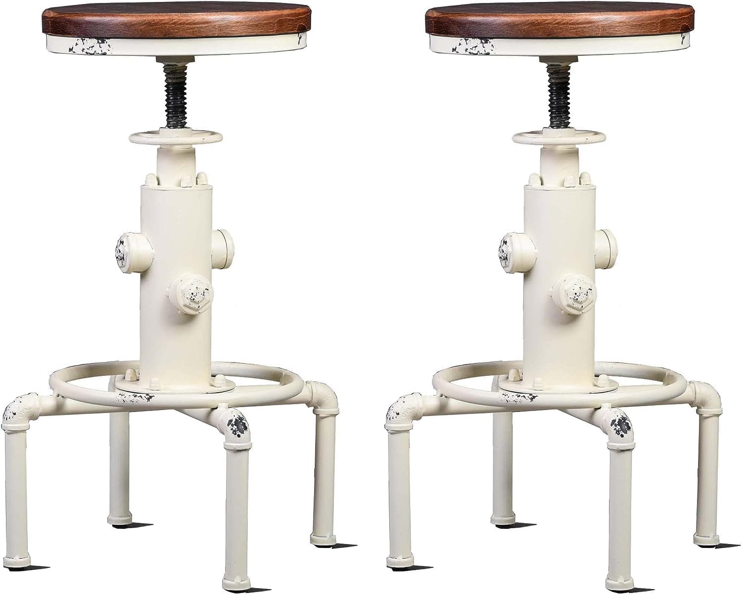 Industrial Bar Stools Set of 2 Vintage Counter Stool for Kitchen Island Farmhouse Breakfast Dining Chair 23.6-29.5inch Height Adjustable Fire Hydrant Design (Aged White)