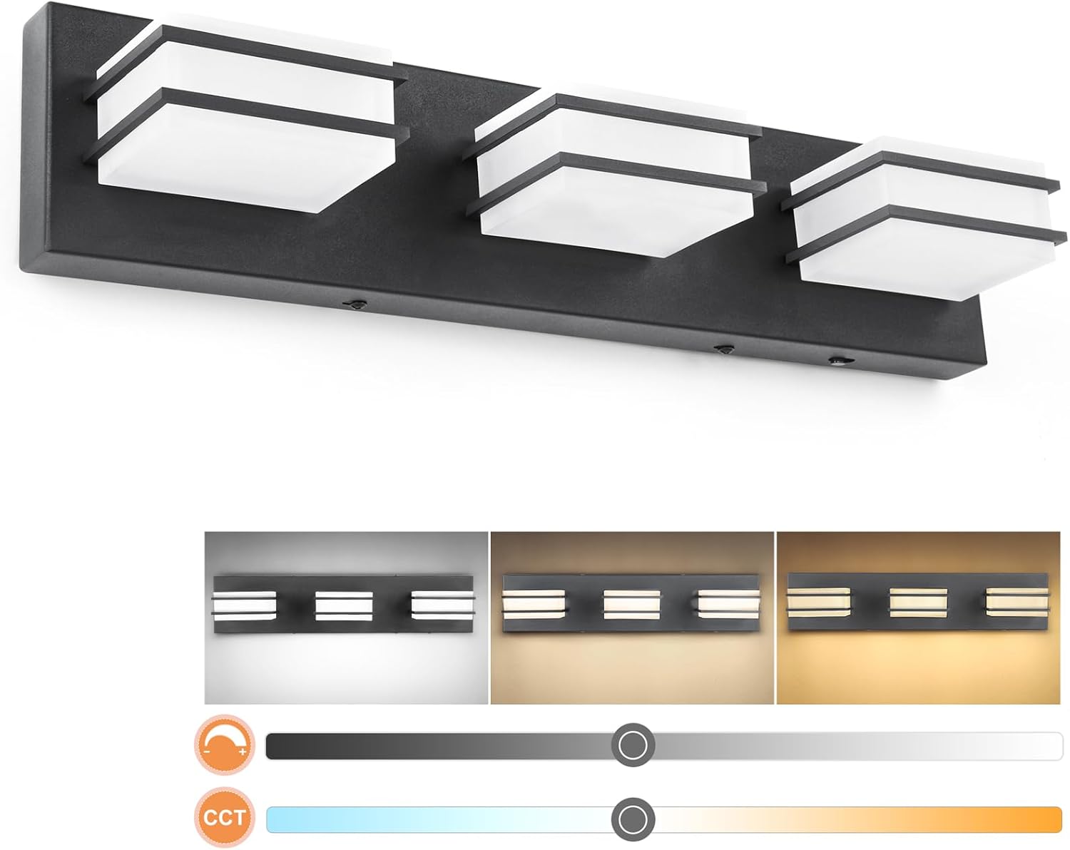 3 Color Temperature Dimmable Bathroom Light Fixtures over Mirror LED Black Vanity Acrylic Stainless Steel Square Shade Lights for Bathroom, ETL Certificated, VL5518