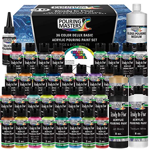 Pouring Masters 36-Color Ready to Pour Acrylic Pouring Paint Set with Silicone Oil & Gloss Medium - Premium Pre-Mixed High Flow 2-Ounce & 8-Ounce Bottles - For Canvas, Wood, Paper, Crafts, Tile