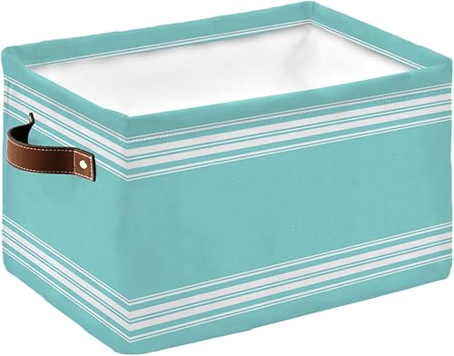 Cesta de almacenamiento a rayas aguamarina para organizar estantes, cajas de almacenamiento plegables con asa, lujosas rayas blancas modernas, arte