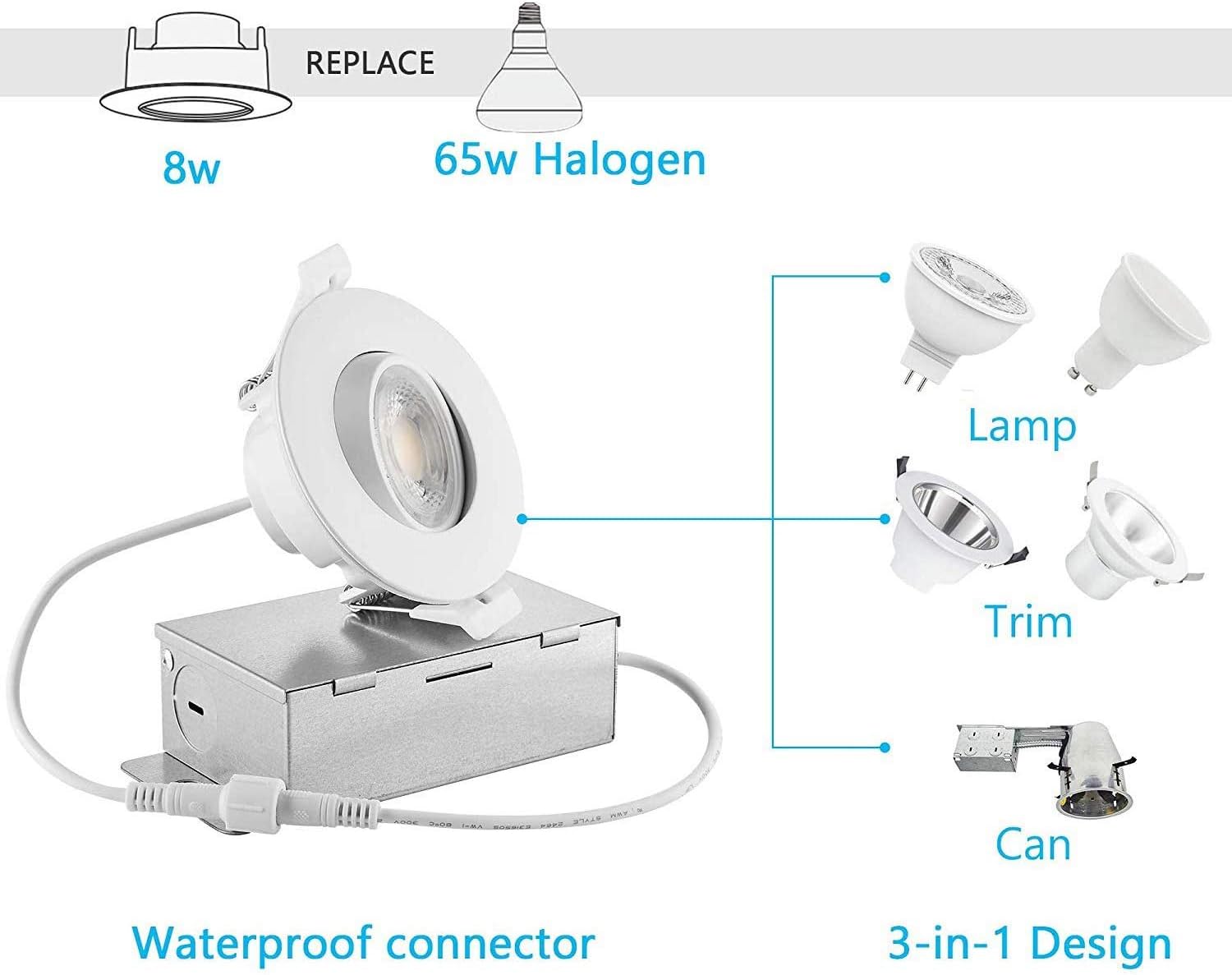 3 Inch Gimbal LED Recessed Light, 8W Dimmable Canless Adjustable Downlight, 3000K/4000K/5000K Selectable Ceiling Spotlight with Junction Box, IC Rated ETL, 38° Beam Angle, 65W Equivalent (Pack of 4)
