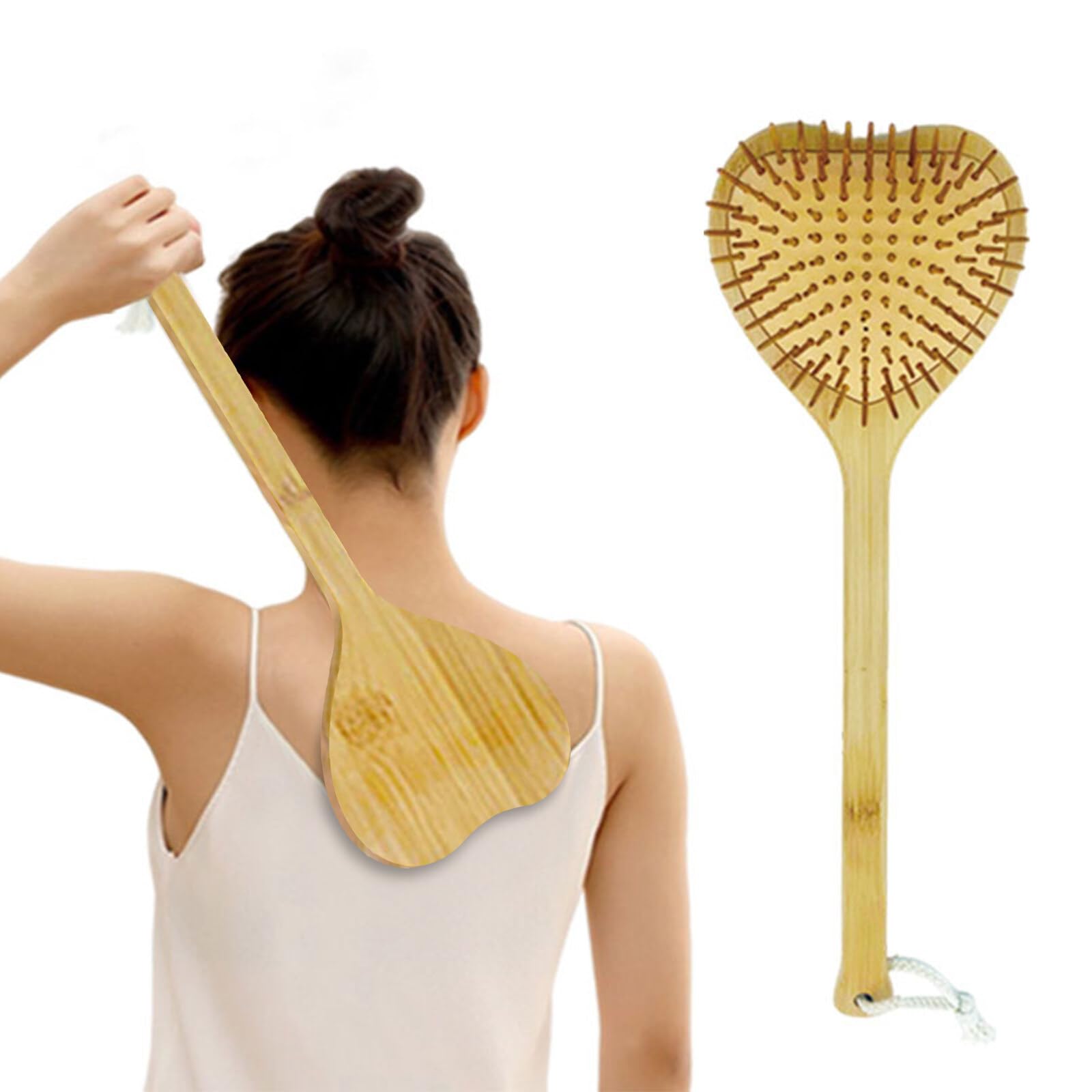 Rascador de espalda de bambú, superficie rascadora de madera con mango largo, rascador de espalda en forma de amor para cabeza, piernas y espalda (40 cm, color madera)