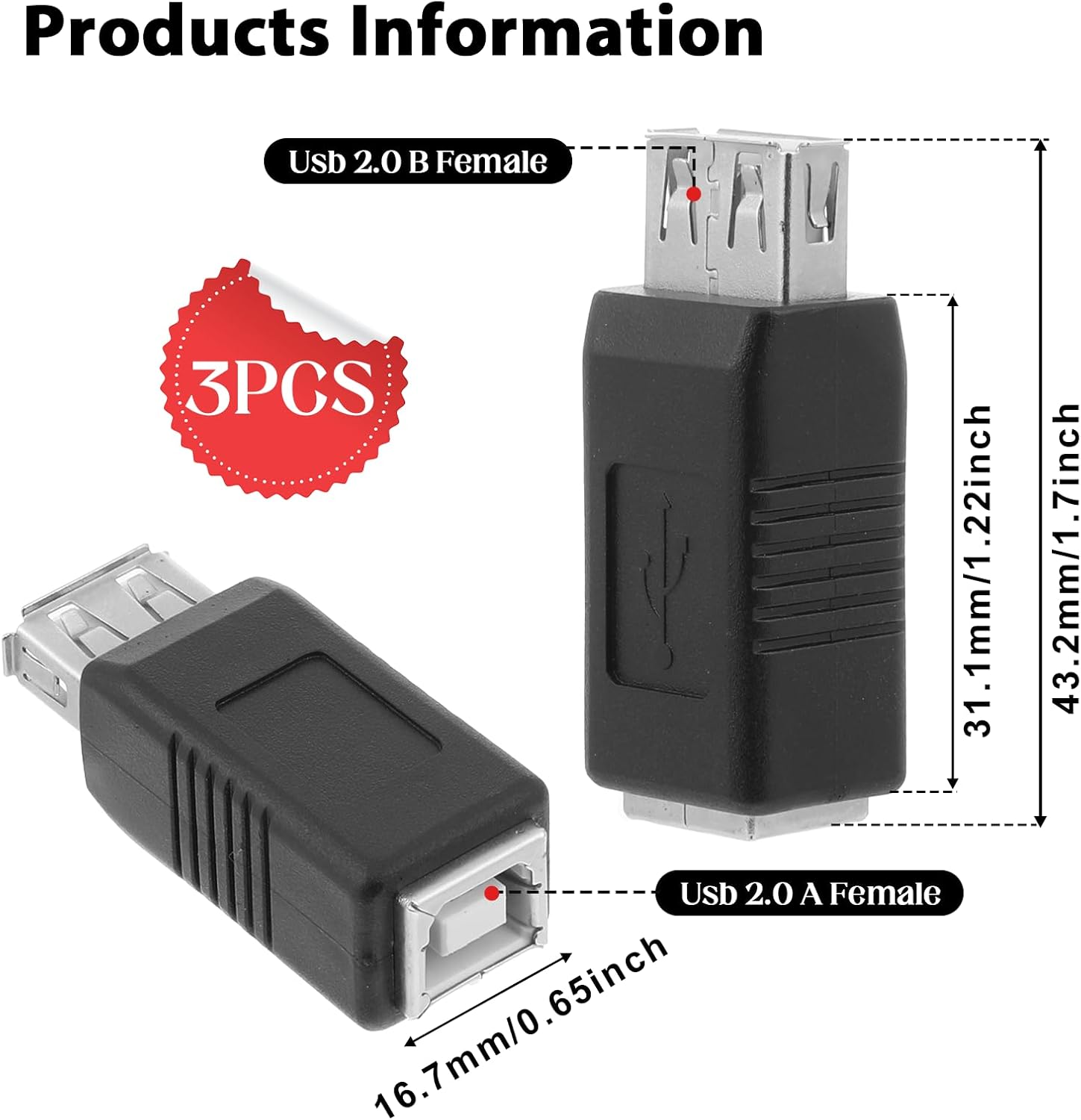 Skrfren 3PCS USB 2.0 Af/Bf Plug Type A Female to Type B Female Adapter Connector, USB B Adapter, Printer, Camera, Laptop, Computer, Scanner, Hard Drive, Black, 3 Count