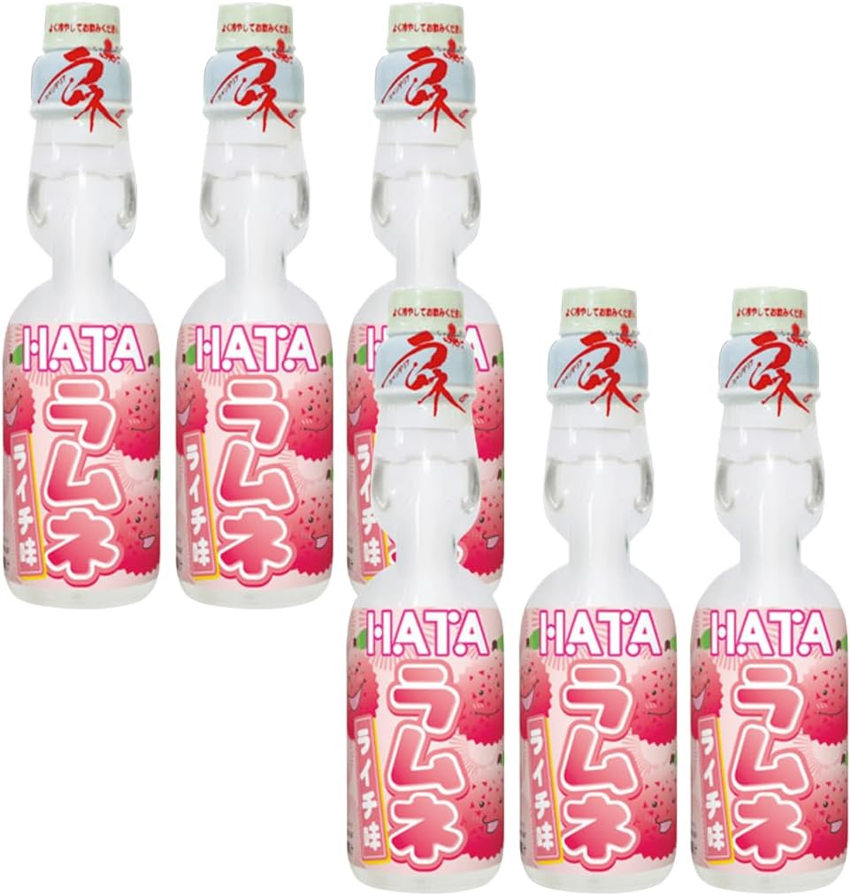 Hatakosen Ramune Soda Japanese Fruity Flavoured Soda Carbonated Bottled Drinks 200ml (Pack of 6, Lychee)