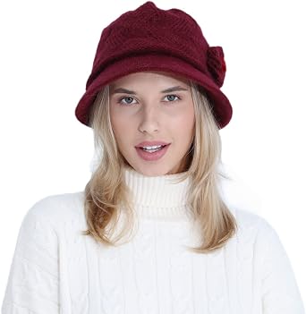 Womens Winter Knitted Hat Vintage Fleece Lined Brimmed Skull Cap Flower Decoration Cloche Bucket Hat Bowler Hat