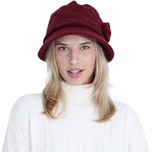 Womens Winter Knitted Hat Vintage Fleece Lined Brimmed Skull Cap Flower Decoration Cloche Bucket Hat Bowler Hat