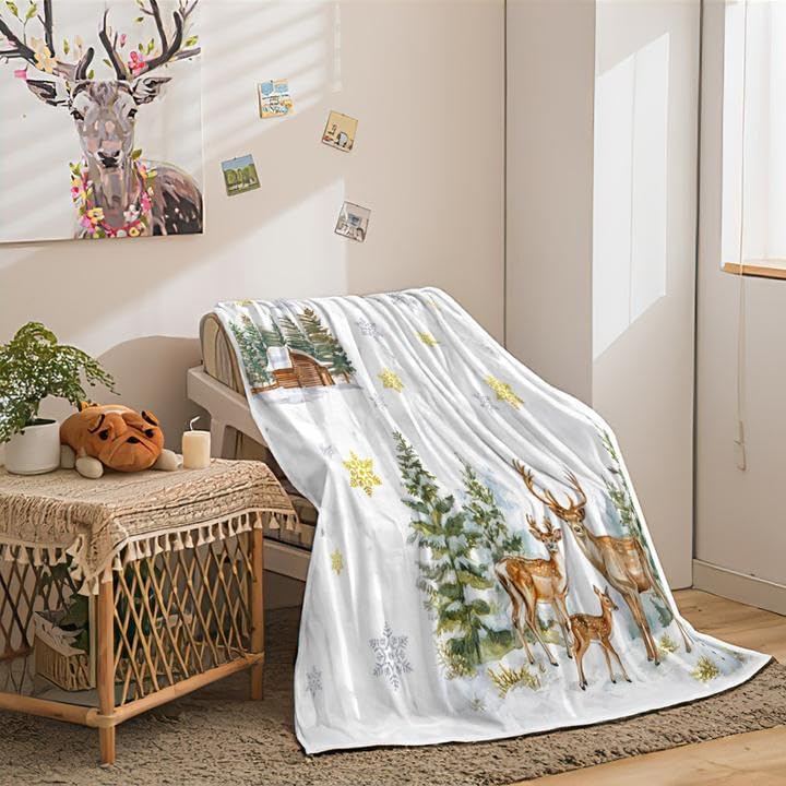 Christmas Throw Blanket, Winter White Elk Deer Green Pine Tree Gold Snowflake Yeti Cozy Winter Blanket, Warm Winter Cabin Throw Plush Throw Blankets for Bed, Sofa, Chair - Extra Cozy, 60X80.