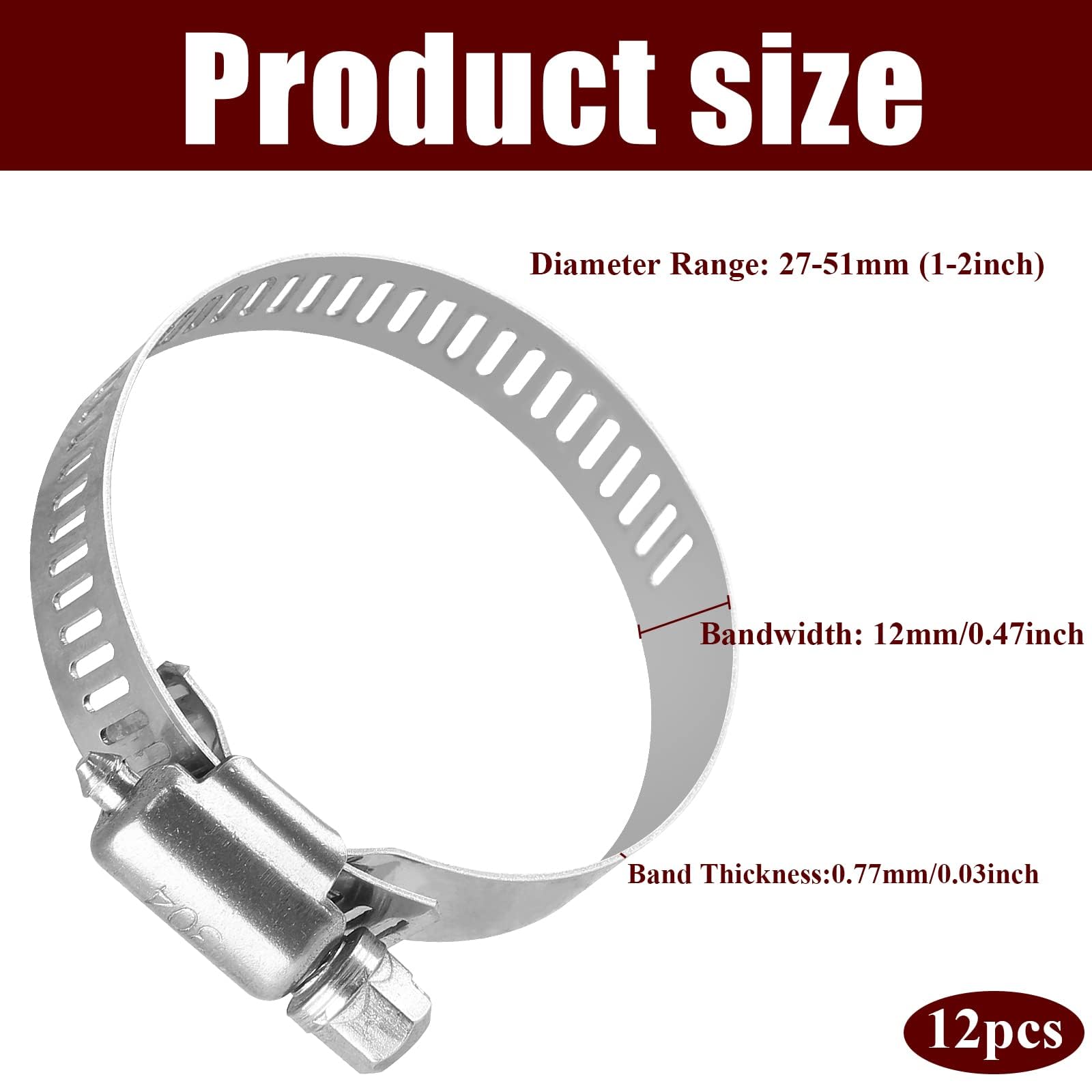12 abrazaderas de manguera de acero inoxidable, abrazaderas de manguera ajustables de 1 a 2 pulgadas para línea de combustible, fontanería automotriz, tubería (27-51 mm)