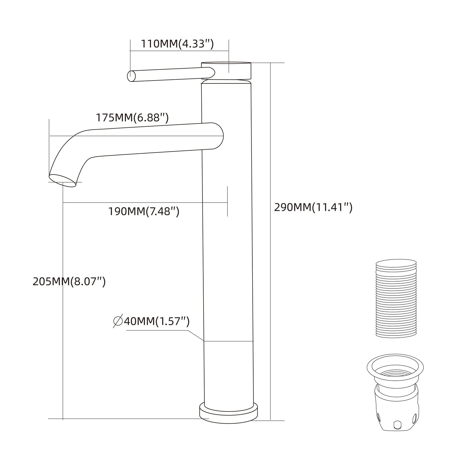 PHASAT Wasserhahn Bad, Wasserhahn Aufsatzwaschbecken Hoch Aufsatzwaschbecken Armatur Mischbatterie Einhebelmischer Waschbecken Armatur Matt Schwarz PTMP01B