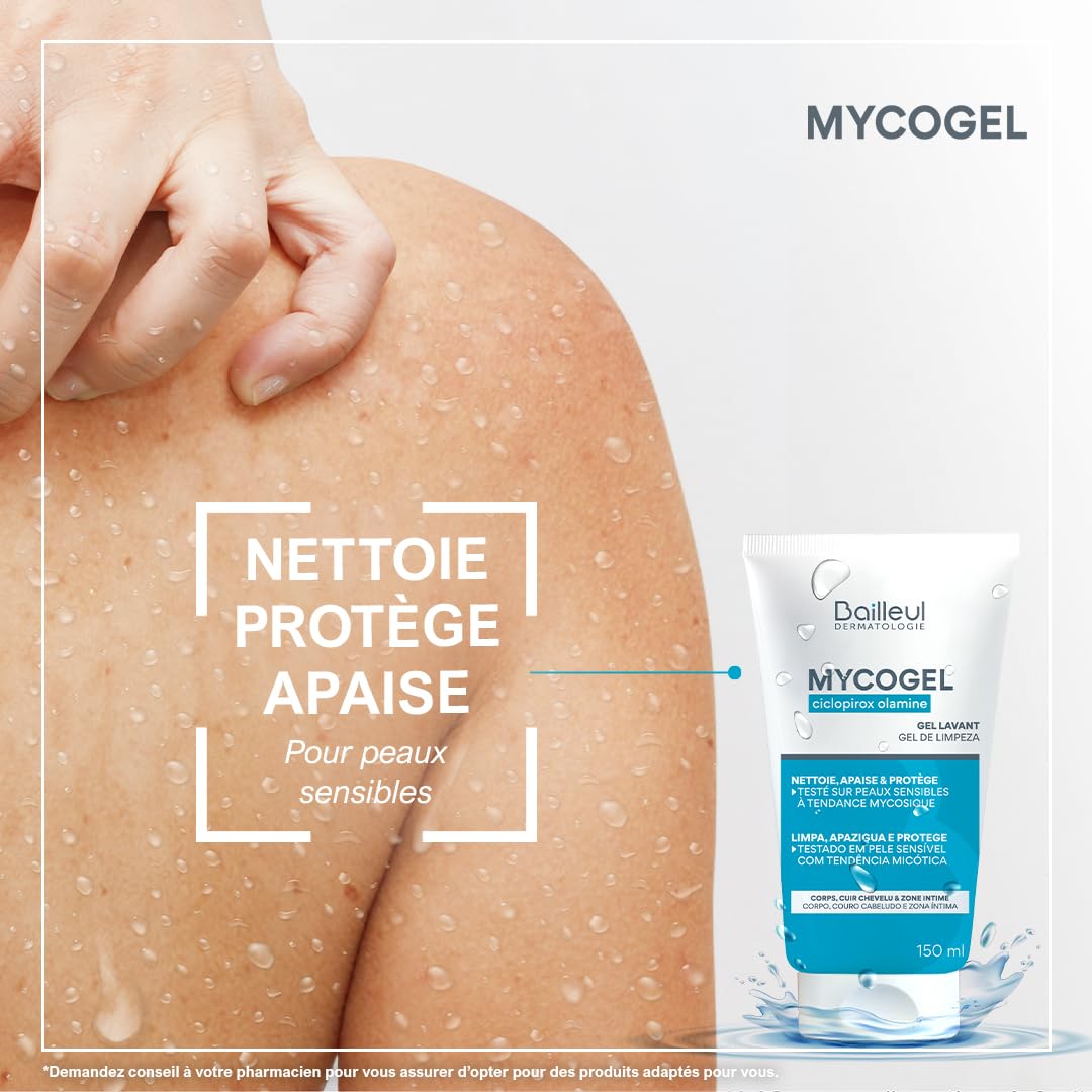 Bailleul | Mycogel | Gel lavant contre les mycoses cutanées | Nettoie, Apaise et Protège | Peaux et muqueuses génitales sensibles à tendance mycosique | Vegan | Lot de 3 x 150 ml