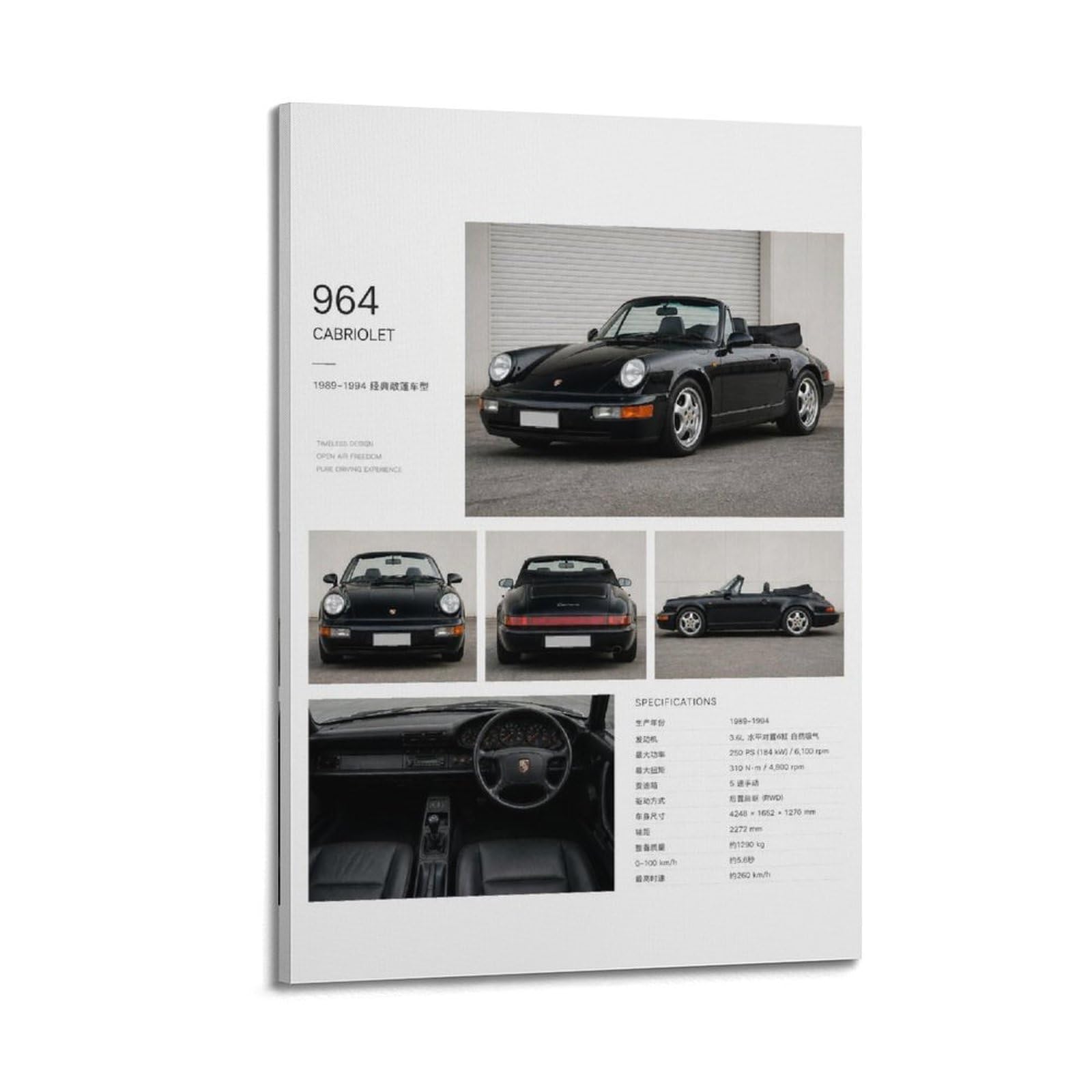 XKUGA German Racing 911 Carrera 964 Cabriolet Poster Supercar Modern Decorative Canvas Prints - Ideal Wall Art for Family, Man Cave, Game Room, Boys & Girls Bedroom 24x36inch(60x90cm)