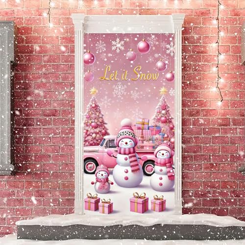 Image of BlissYard Pink Snowman Christmas Door Cover 35x71 Inch Snow Door Banner, Pink Holiday Door Decoration for Front Door, Indoor Outdoor Winter Christmas Backdrop Photography Party Decor
