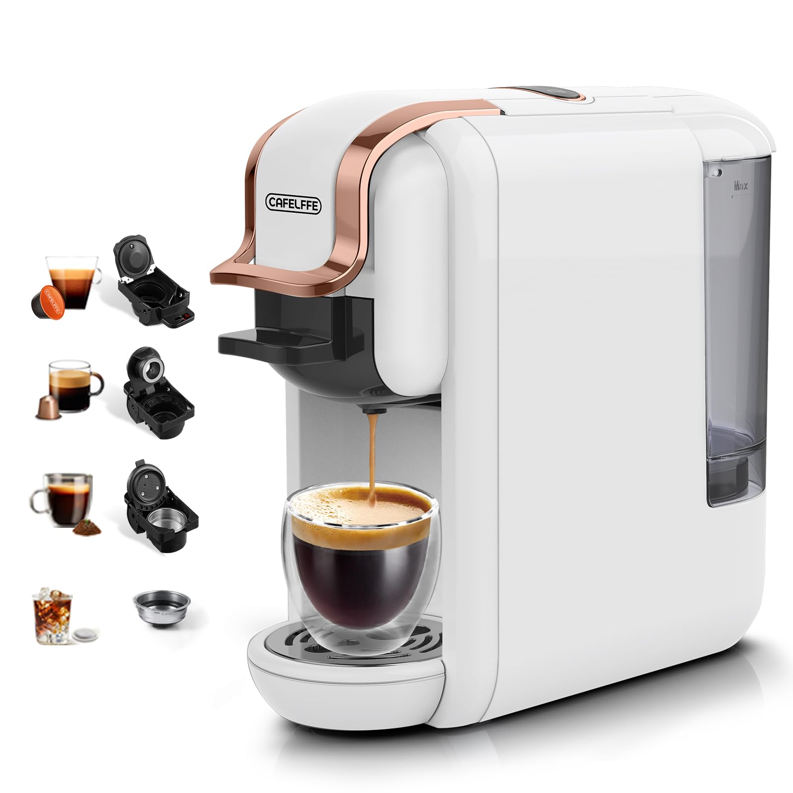 CAFELFFE MK-603 Cafetera de Cápsulas 4 en 1 Caliente/Frío Máquina de Café Expreso de una porción Individual Compatible con ESE Pods, Nes Original/DG Cápsulas y Café Molido Preparación Rápida Blanco