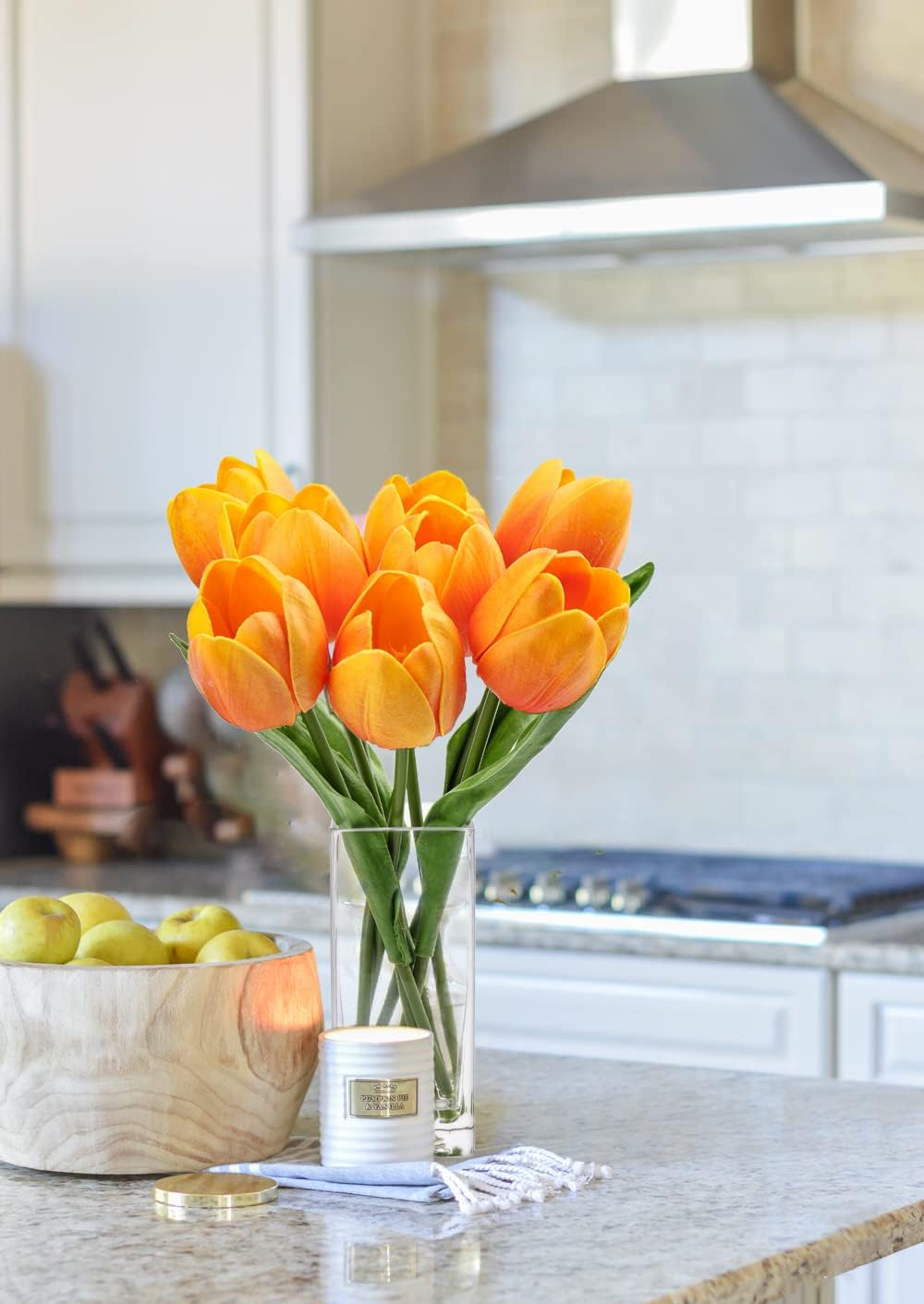 Briful Fake Flowers Artificial Tulip Flower Orange in Clear Vase, Real Touch Foam Tulip Arrangement Suitable for Home Office Decoration, Dining Table Centerpiece - Image 3