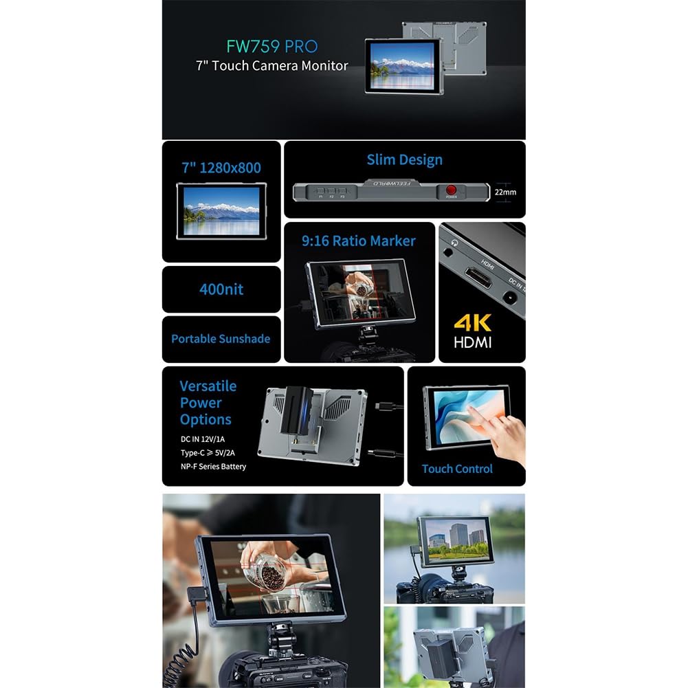Monitor de Cámara FW759 Pro con Pantalla Táctil IPS de 7 Pulgadas, Video de Campo (1280 X 800), Monitor Externo para Director de Fotografía.