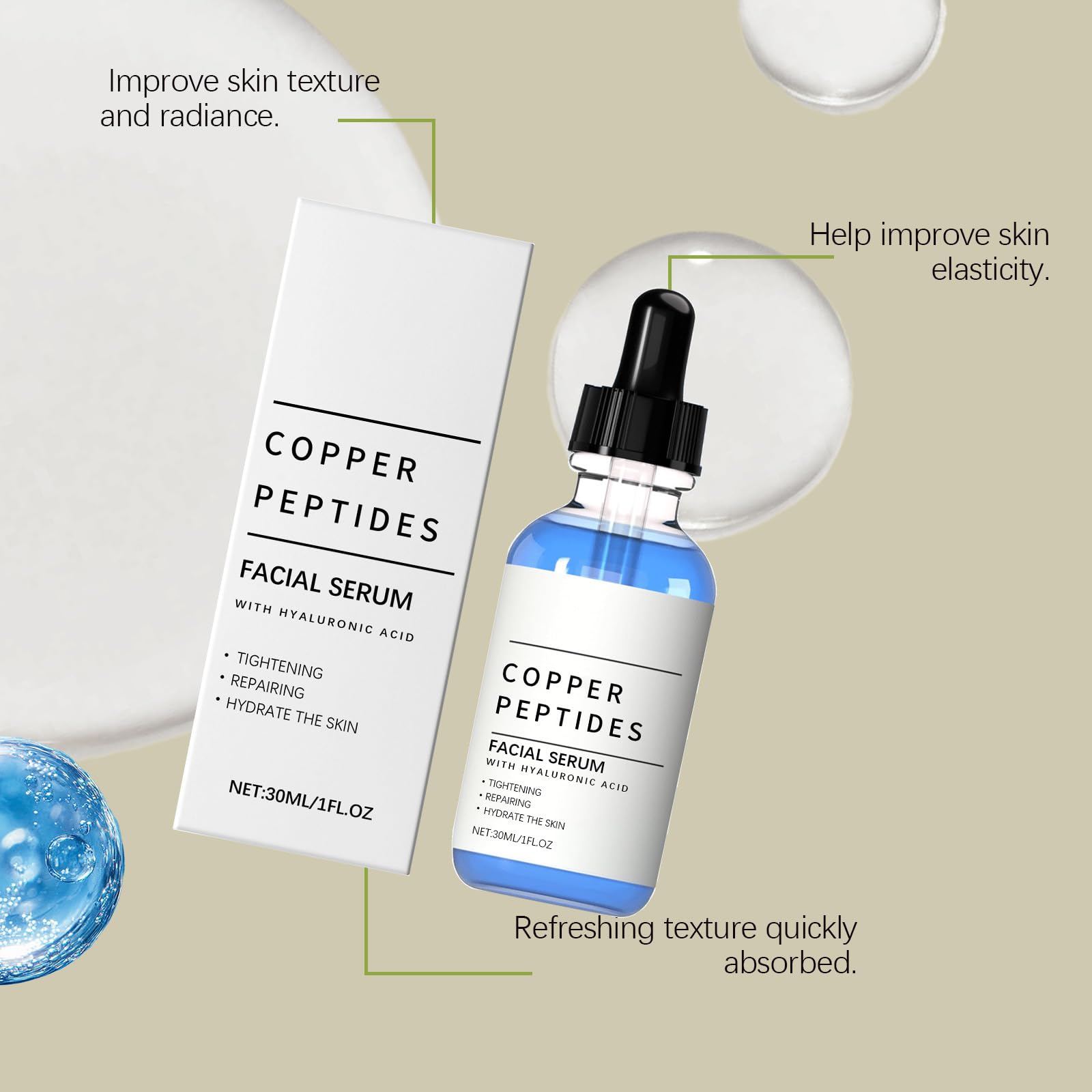 GHK-Cu serum z peptydami miedzi do twarzy, serum przeciwstarzeniowe z kwasem hialuronowym, nawilżające serum do twarzy redukujące drobne linie i zmarszczki, poprawia elastyczność skóry (1)