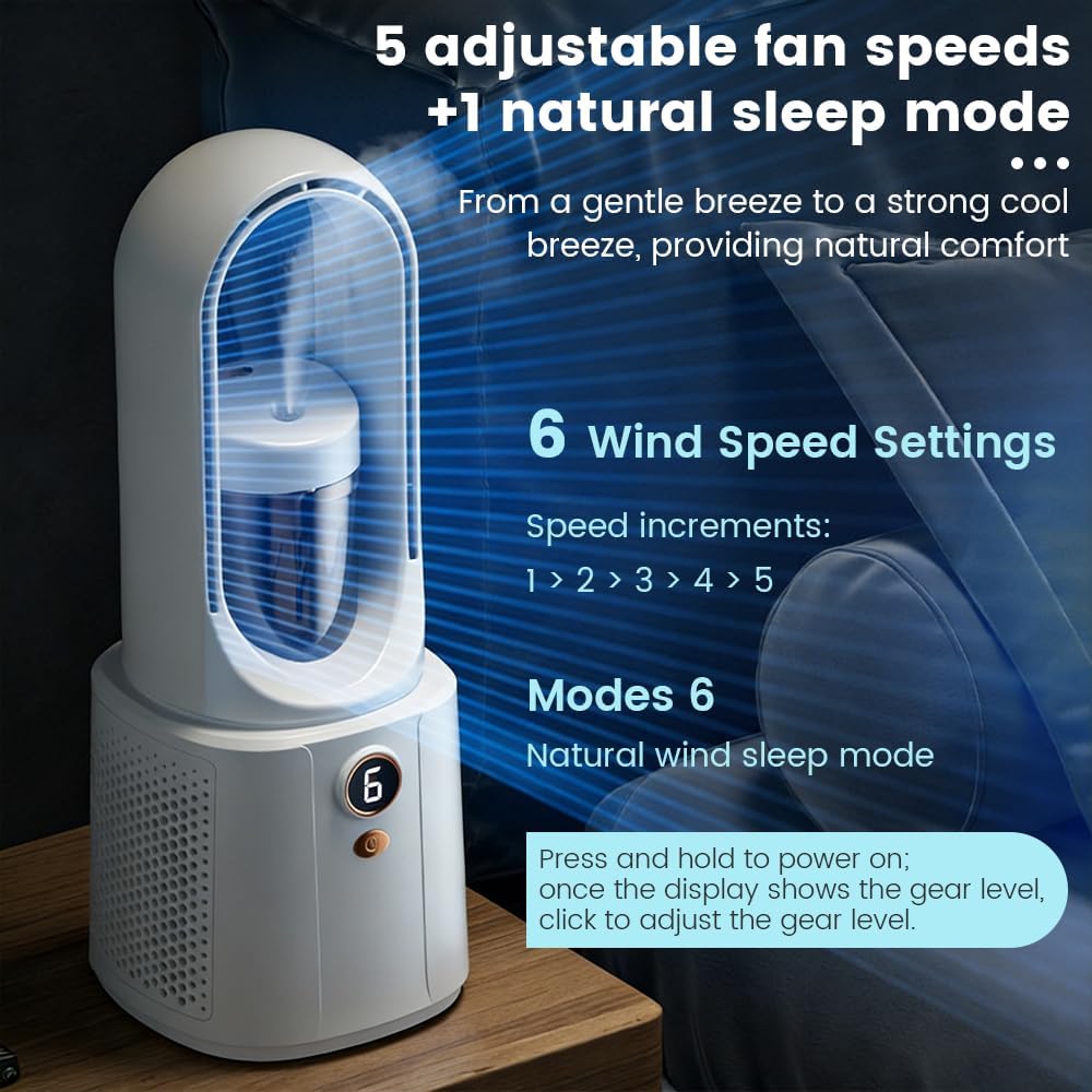 Desk Fans Small Quiet, 13 Inch Bladeless Table Fan, with humidification function，6 Speeds for Powerful Airflow, with Night Light, Desktop Cooling Fan for Bedroom, Office, Nightstand