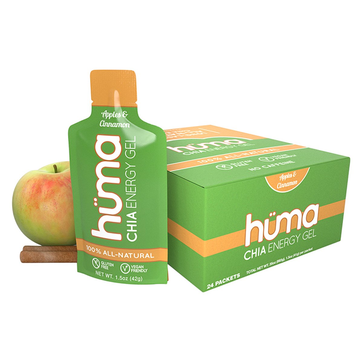 Huma Chia Energy Gel - Apple and Cinnamon - 24 count x 42g - 22gr Carbs, 105mg Sodium, 100% All Natural, Vegan, Gluten Free, Caffeine Free, No Stomach Problems, Great Taste, Easy Digestion