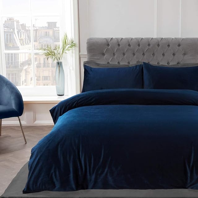 Sleepdown Matt Velvet Navy Blue Luxury Super Soft Easy Care Plain Duvet Cover Quilt Bedding Set with Pillowcases - Super King (220cm x 260cm)