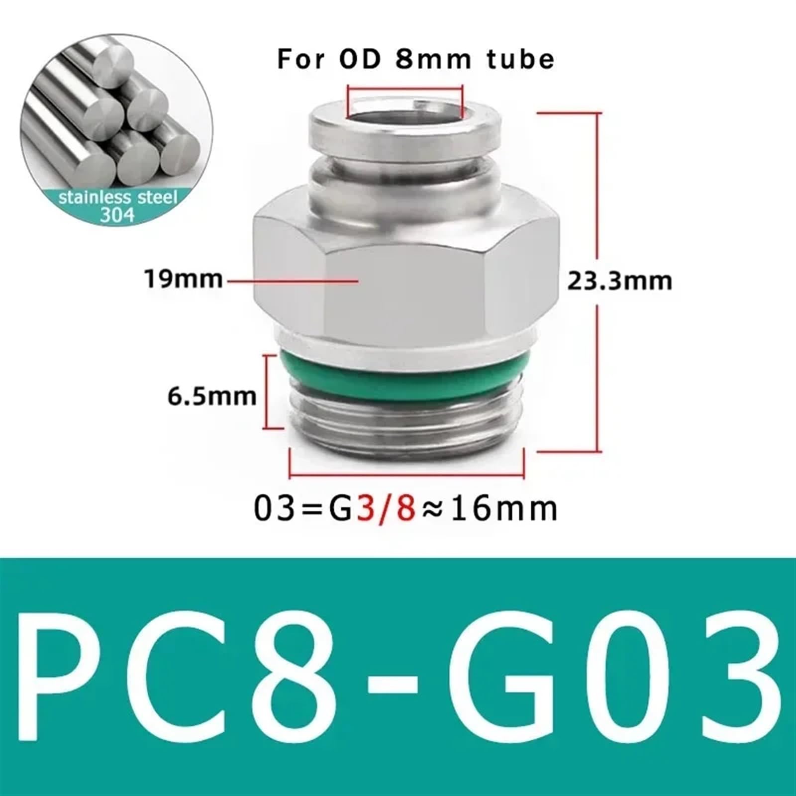 Conector de manguera de aire de acero inoxidable 304, conector de tubo neumático de rosca G for PC, 1/8, 1/4, 3/8, 1/2, M5, BSPT, acoplamiento rápido, 10 Uds.(Color:PC8-G03)