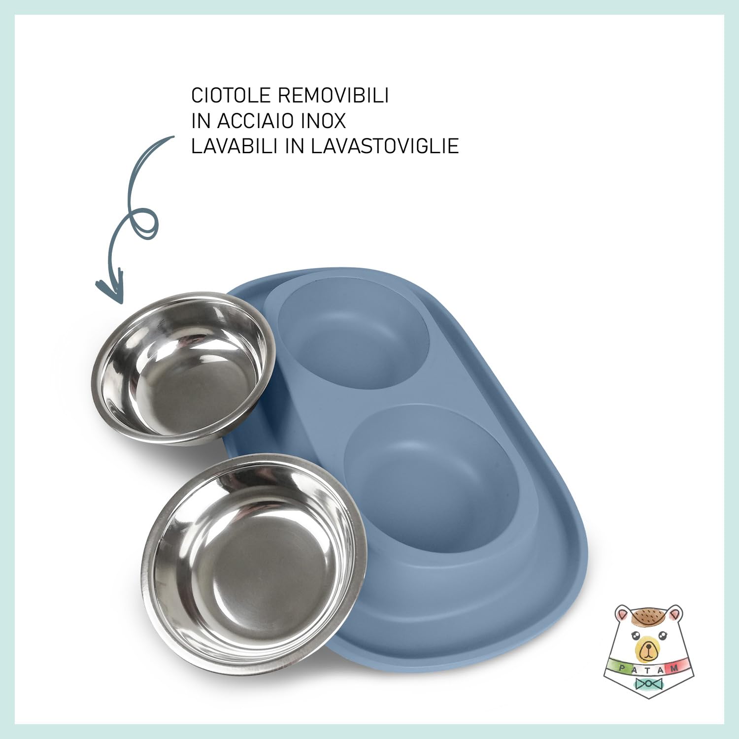 PATAM ciotola doppia per gatti in acciaio inossidabile con tappetino morbido antiscivolo, antiribaltamento Made in Italy - Jerry Blu