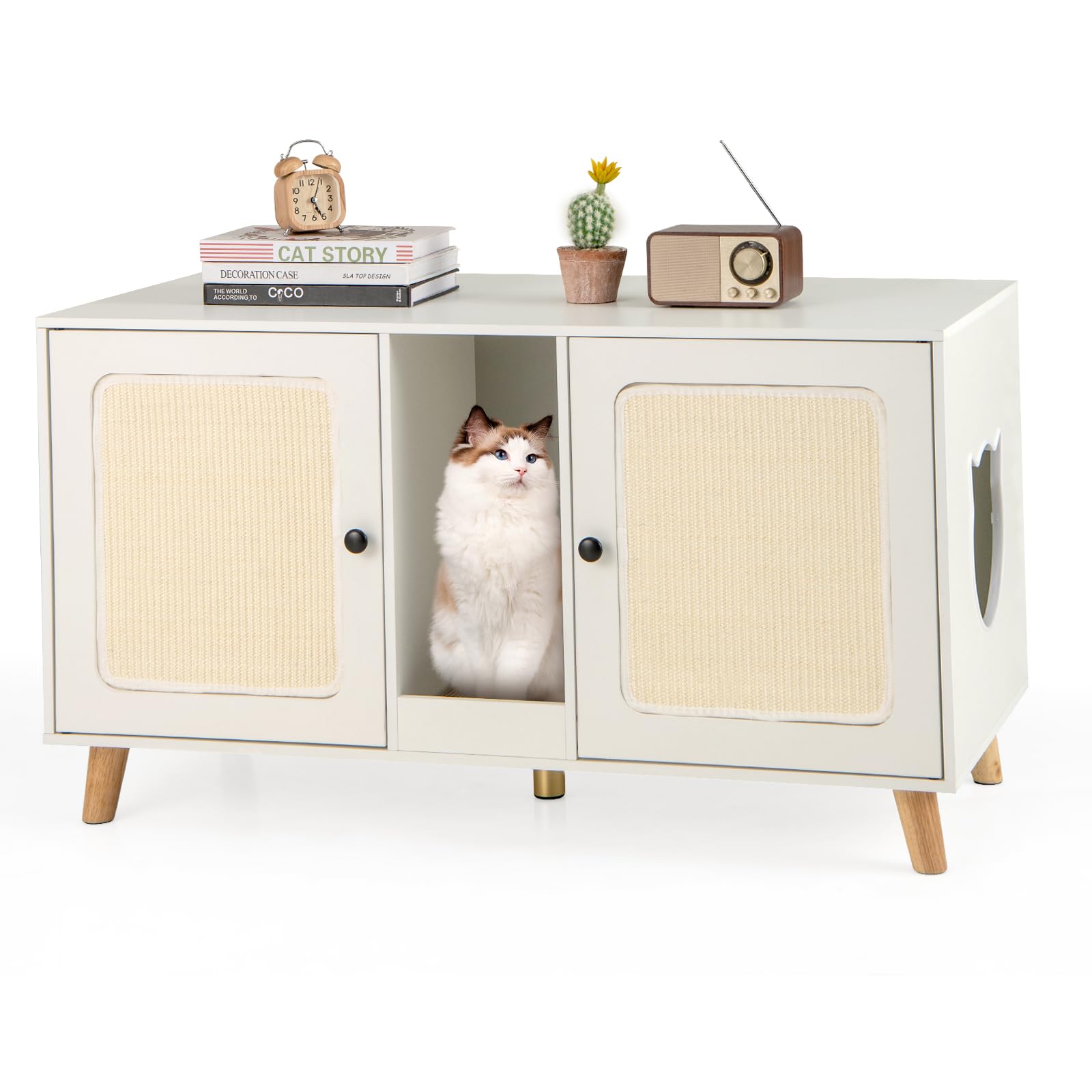 COSTWAY Katzenschrank für Katzentoilette, Katzenklo Schrank mit 2 Türen & Kratzbrett & 2 Sisal-Kratzmatten & Eingang, Katzenhaus für 2 Katzen, Katzenmöbel Beistelltisch, 108 x 50 x 60 cm (Weiß)