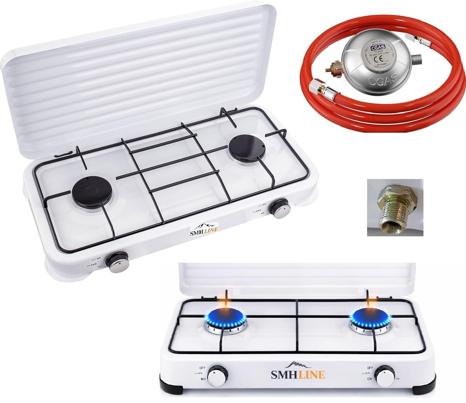 SMH LINE Réchaud à gaz de camping 2 feux avec tuyau et régulateur de gaz propane de 4,4 kW, réchaud pour camping, camping et extérieur, cuisine XL