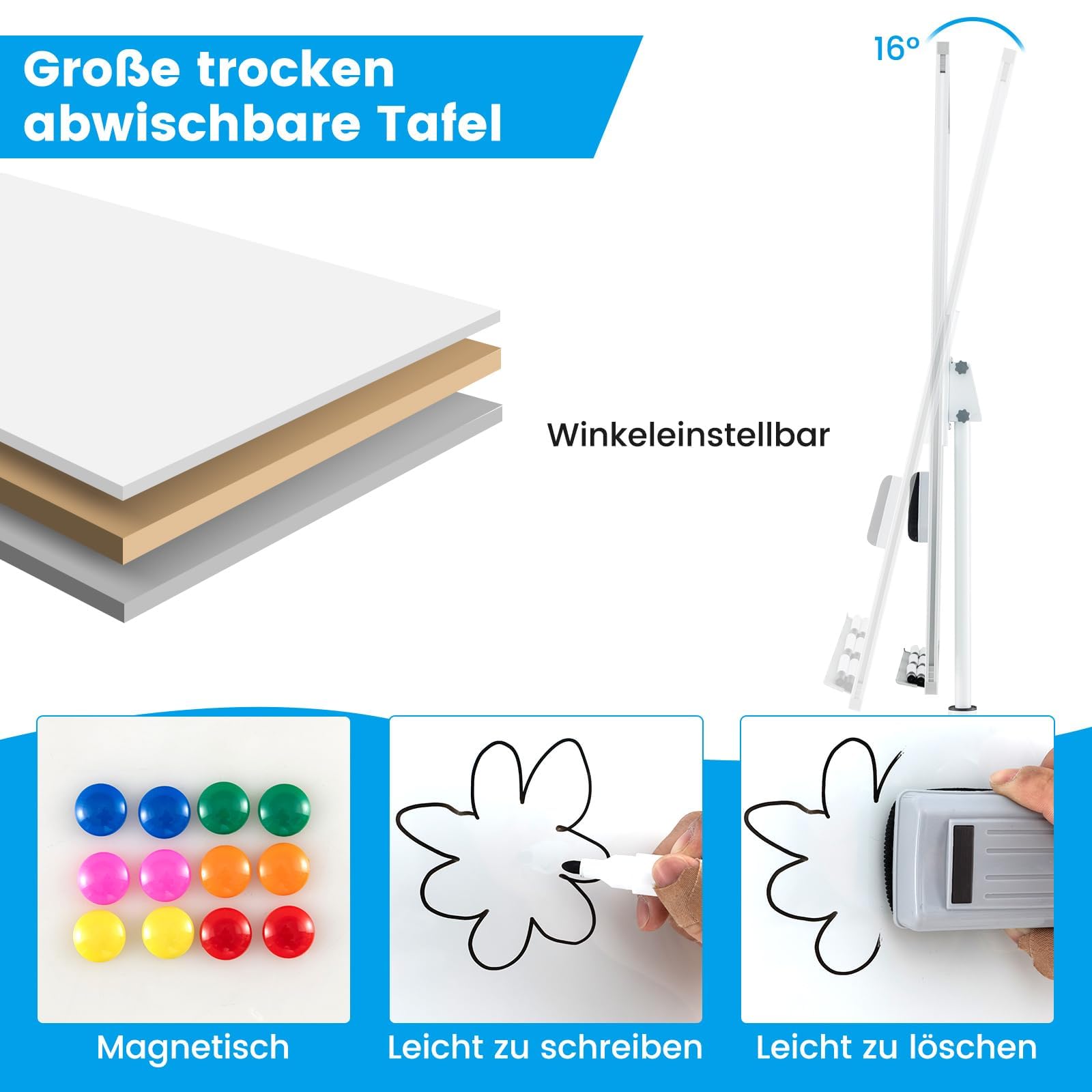 FANTASK Flipchart Ständer, 100x65cm, Mobiles Whiteboard auf Rollen, höhenverstellbar bis 192cm, trocken abwischbar, magnetisch, Flip Chart mit rundem Ständer, Magneten, Markern & Radierer, Weiß