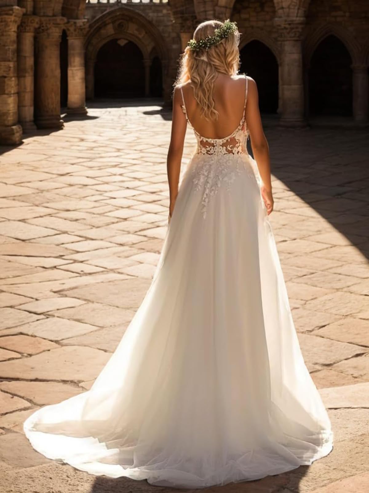 HUINI V-Ausschnitt Lange Hochzeitskleider für die Braut mit Spaghettiträgern Spitzenapplikationen und Tüll Brautkleid mit Schleppe