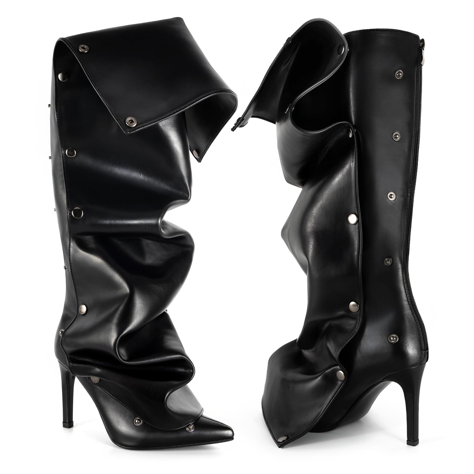 Womens Knee High Shark Boots Pointed Toe High Heels Ruched Stiletto Slouchy Party Boots Detachable Snap-off Panel