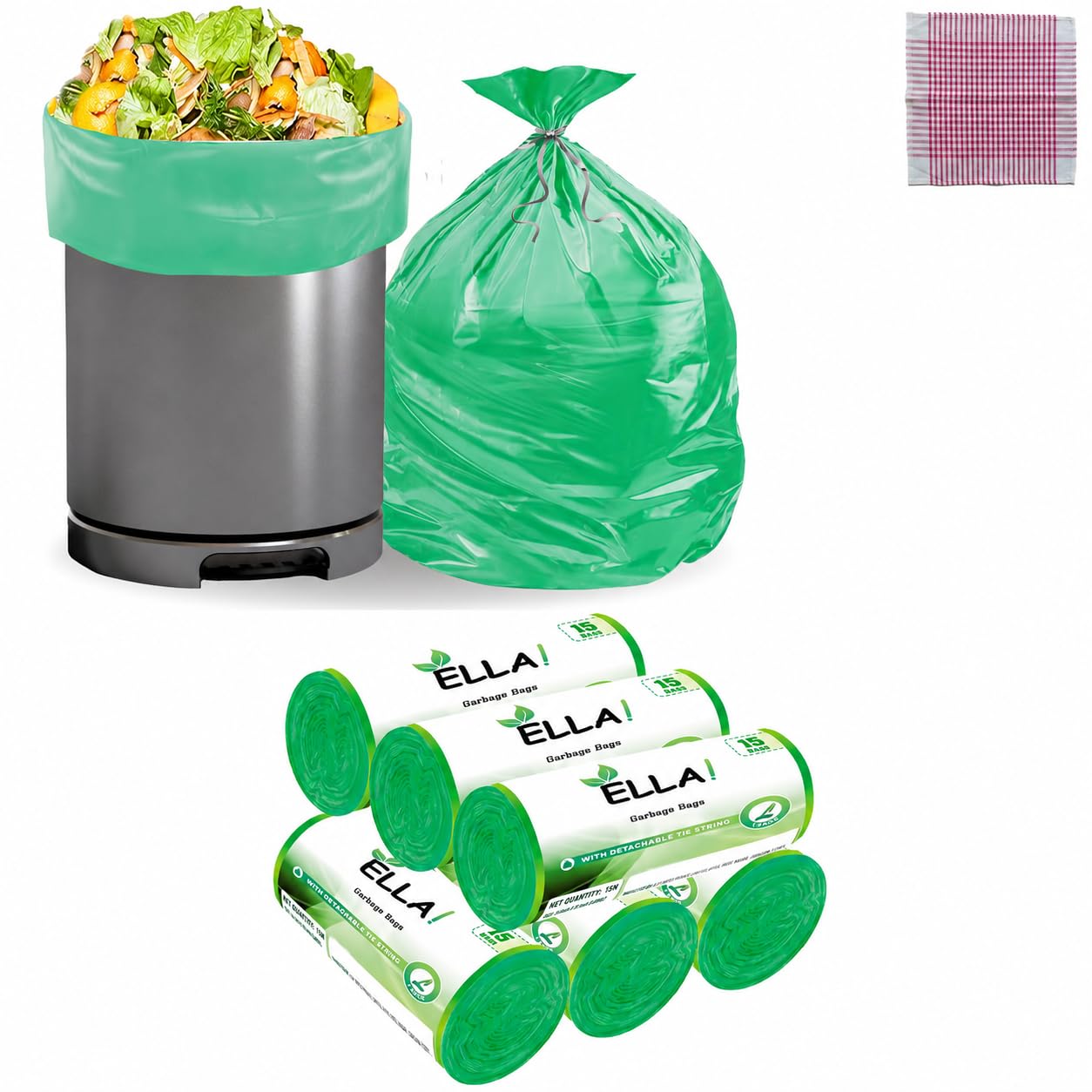 Ella Garbage Bags 24x32 Inches (Large) 90 Bags (6 Rolls) Leak Proof & Tear Resistant Trash Bags for Kitchen Home & Commercial Use -Dustbin Bags For Dry & Wet Waste With Free Check Duster Cloth - Green