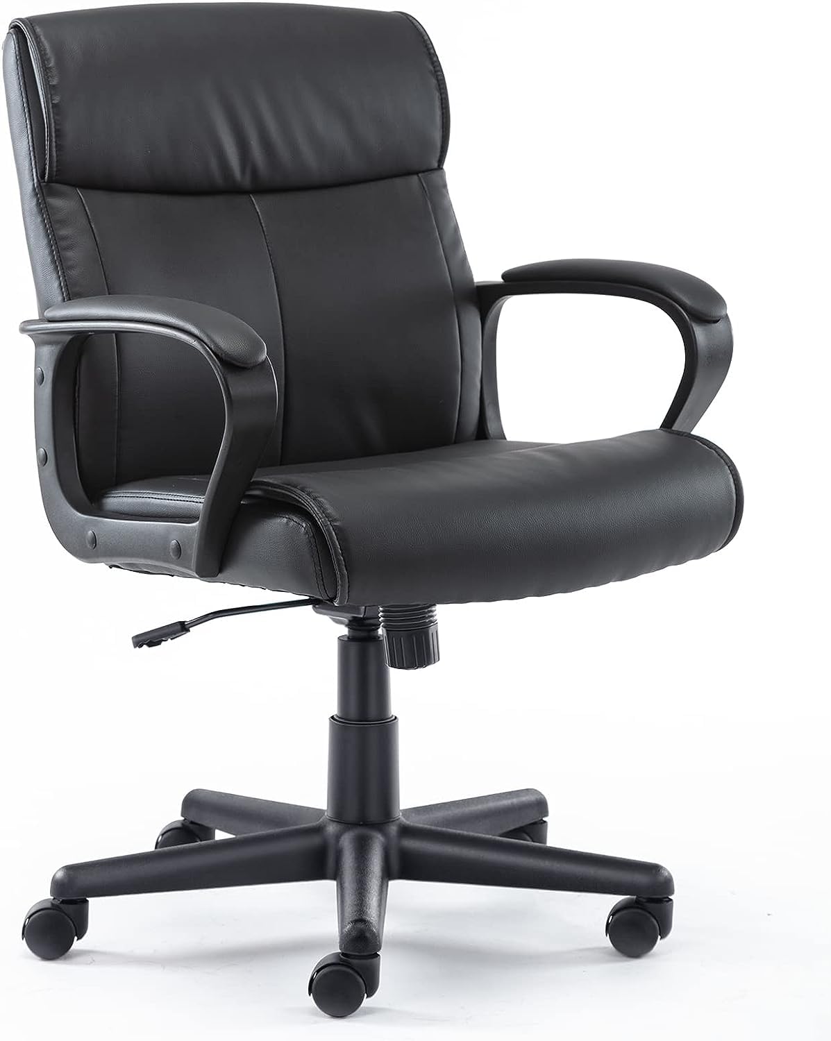 Sweetcrispy Executive Office Chair with Padded Armrests Mid Back Lumbar Support and Adjustable Height & Tilt Angle, PU Leather Swivel Rolling, Modern Black