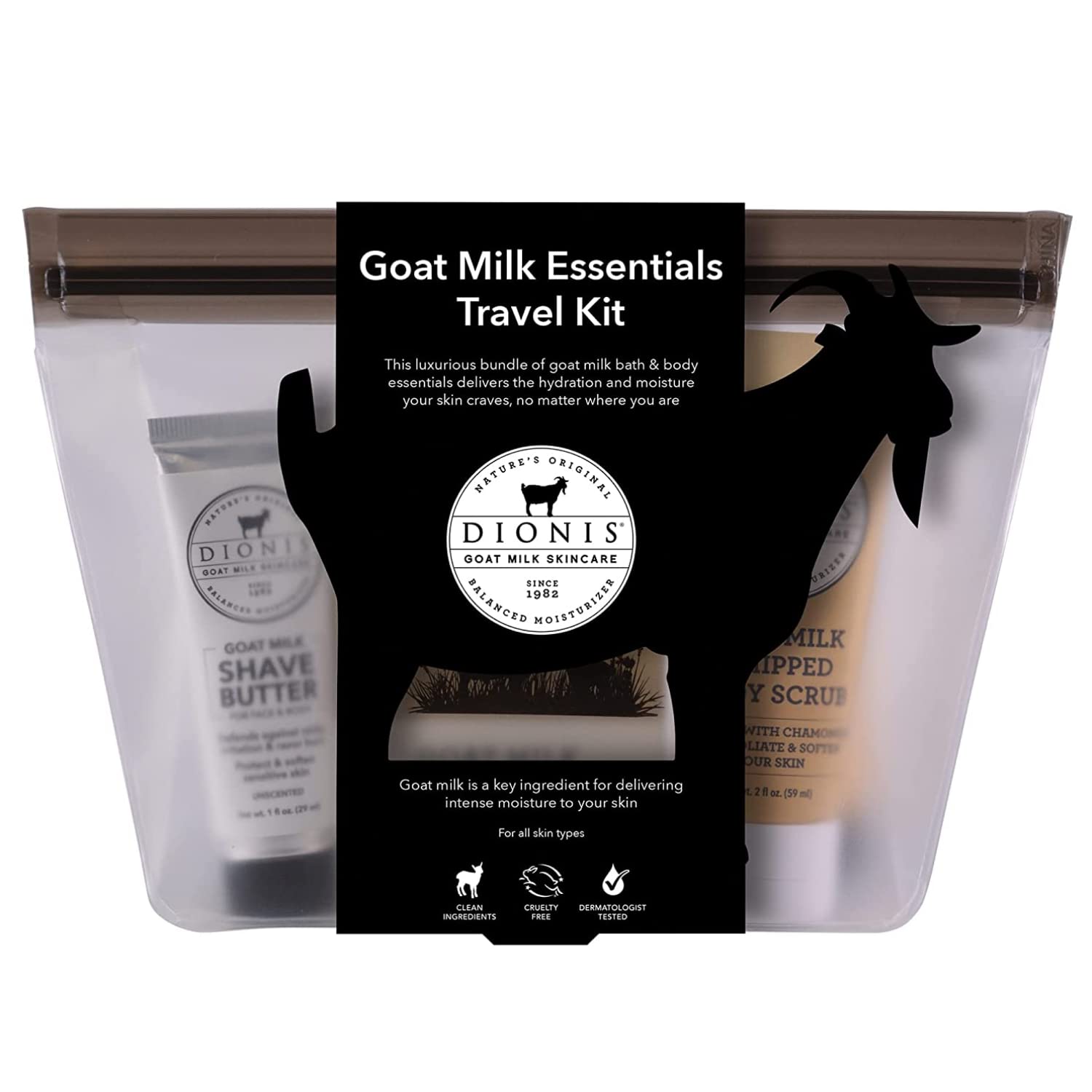 DionisGoat Milk Skincare Vanilla Bean 6 Piece Self Care Essentials Travel Set - Bar Soap, Shave Butter, Hand Cream, Body Lotion & Whipped Sugar Body Scrub In Resealable Leak Resistant Carrying Case
