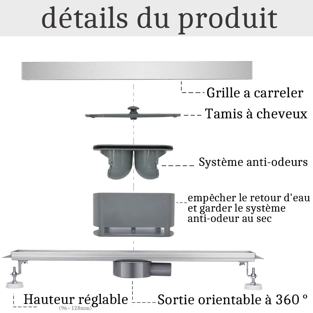 Duschrinne 100 cm Befliesbar 360 Grad Edelstahl komplettset Duschablauf Extra Flach Siphon mit Geruchsstop und Haarsieb Duschabfluss Bodenablauf Größen 50cm - 120cm Ablaufrinne für Badezimmer