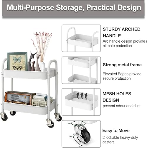 Miniatura 4 de Melody House Carrito de almacenamiento de 2 niveles totalmente metálico, carrito de almacenamiento con asa y ruedas de bloqueo, carrito de cocina,