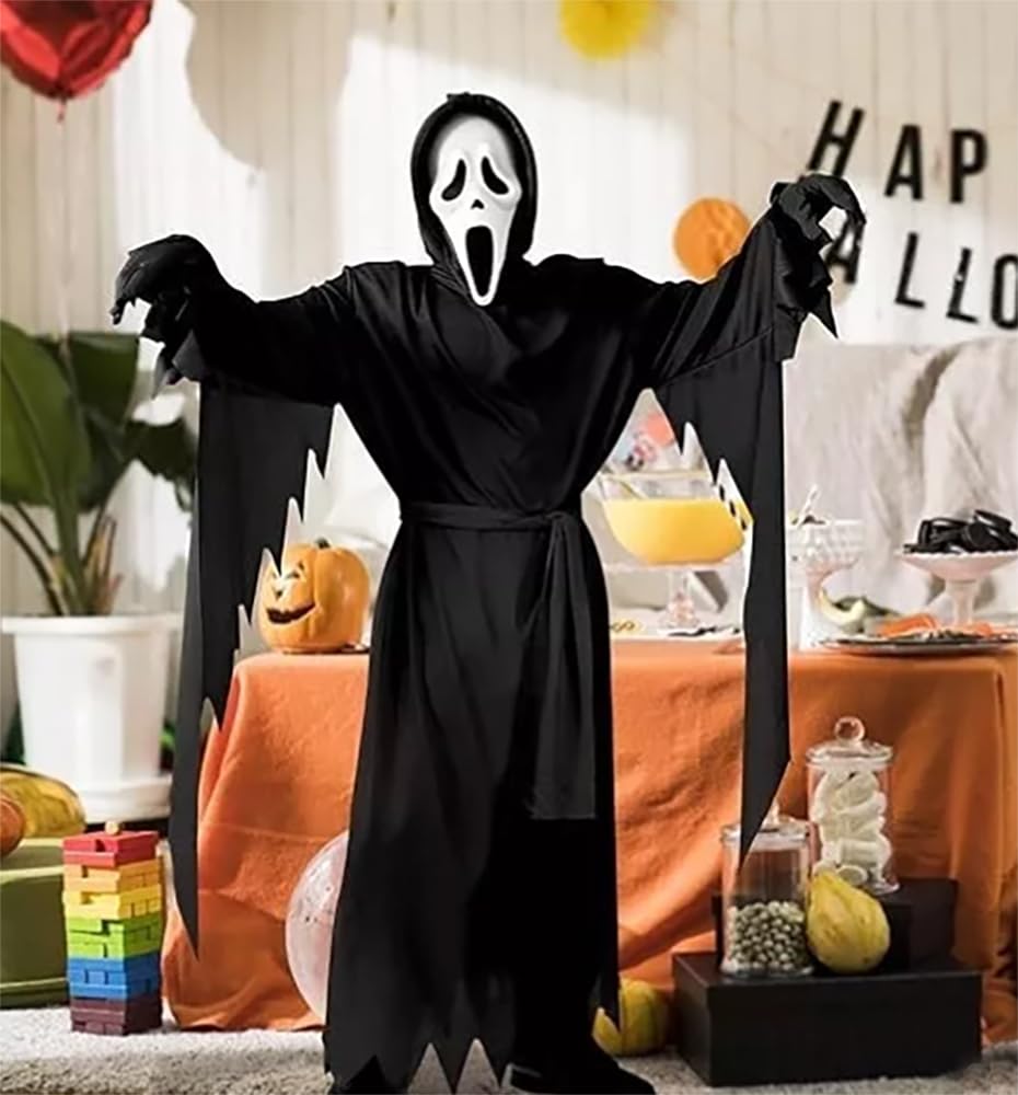 Ghost Face Scream Halloween Costume Mask Adults Kids, Cosplay Party Clothers, Scary Mask Suit Standard Fits Most