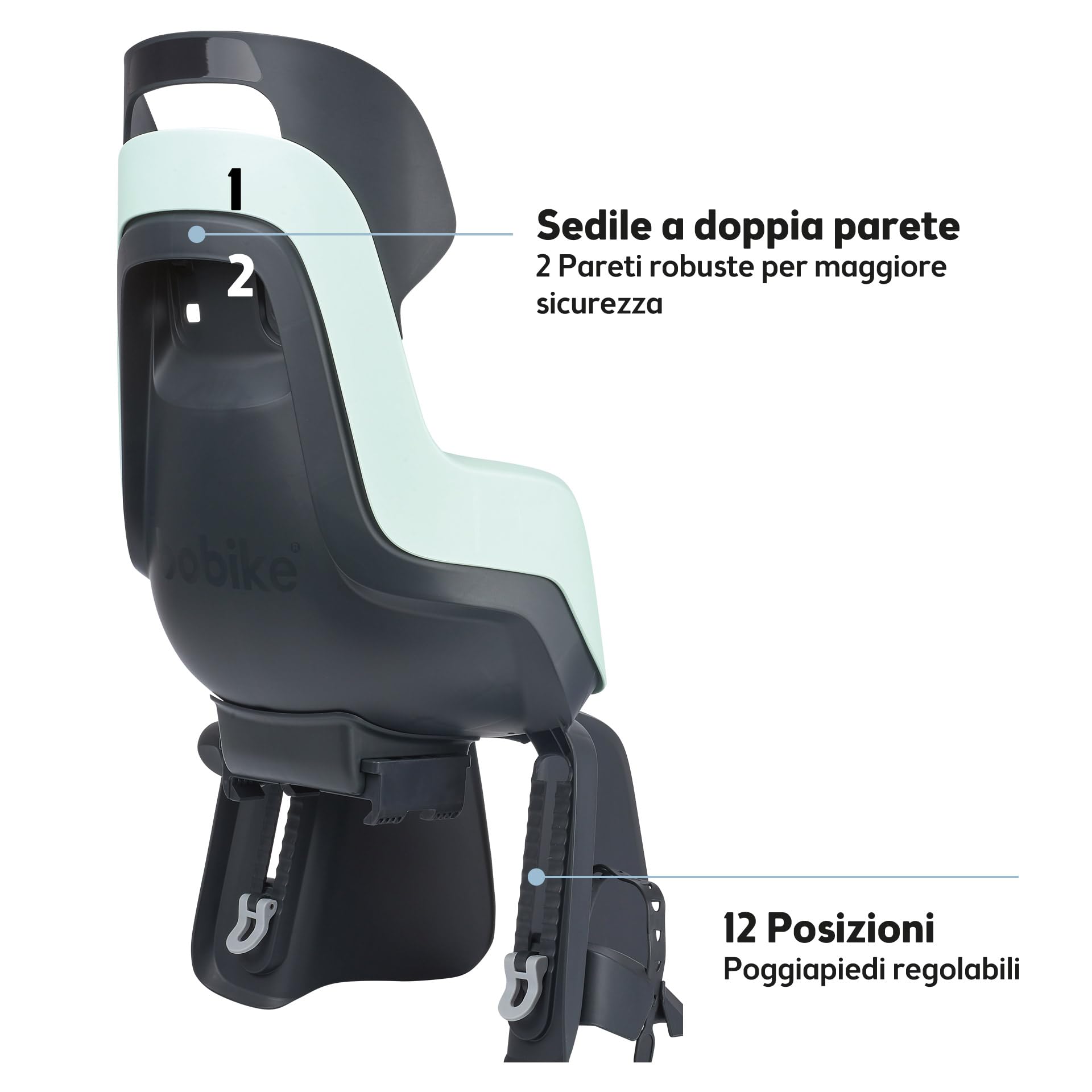 Bobike 8012300003 GO Maxi CFS XR Seggiolino Posteriore Per Bici Con Portapacchi, Per Bambini Da 9 Mesi A 6 Anni, Max 22 kg, Poggiapiedi Regolabili, Installazione Senza Attrezzi, Menta Marshmallow