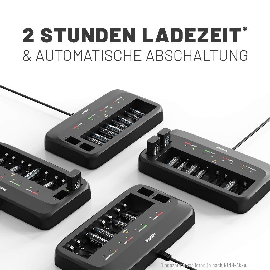 ABSINA Akku Ladegerät X10 für AA, AAA & 9V - Akkuladegerät 10-Fach zum Laden von wiederaufladbaren Akkus - NiMH Ladegerät Akku