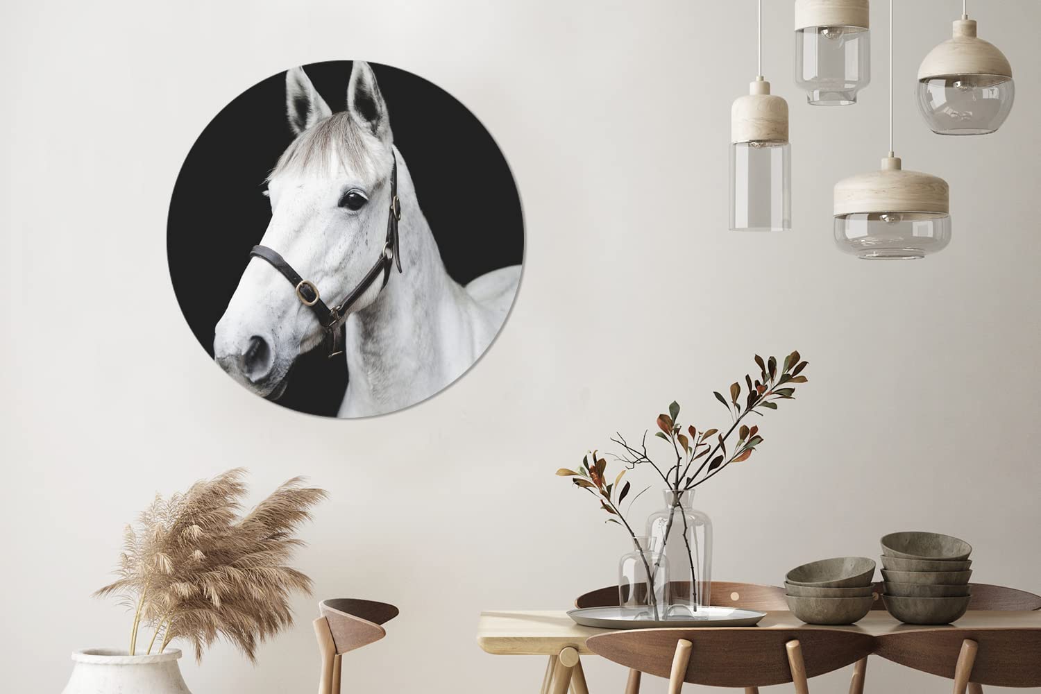 MuchoWow Wandbild Rund Wanddeko Deko Wohnzimmer Bilder 90x90 cm Pferd - Halfter - Weiß