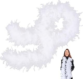 Boa de plumas blancas, para mujer y niña, 80 g, 2 m, 2 m, color blanco, para carnaval en calle, cumpleaños, conciertos, carnaval, decoración de mesa, Halloween, fiesta de Navidad